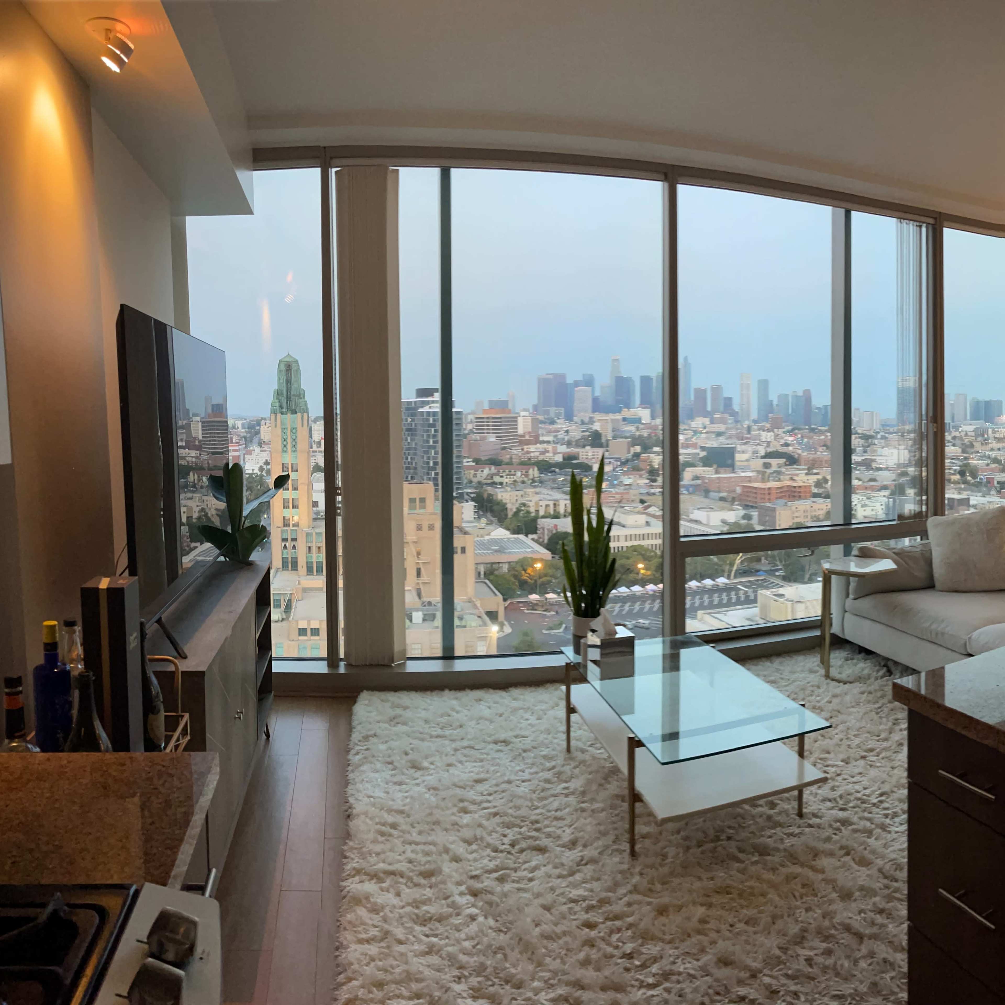 A modern living room with large windows overlooking a city skyline, featuring a couch, a glass coffee table, and a small potted plant.