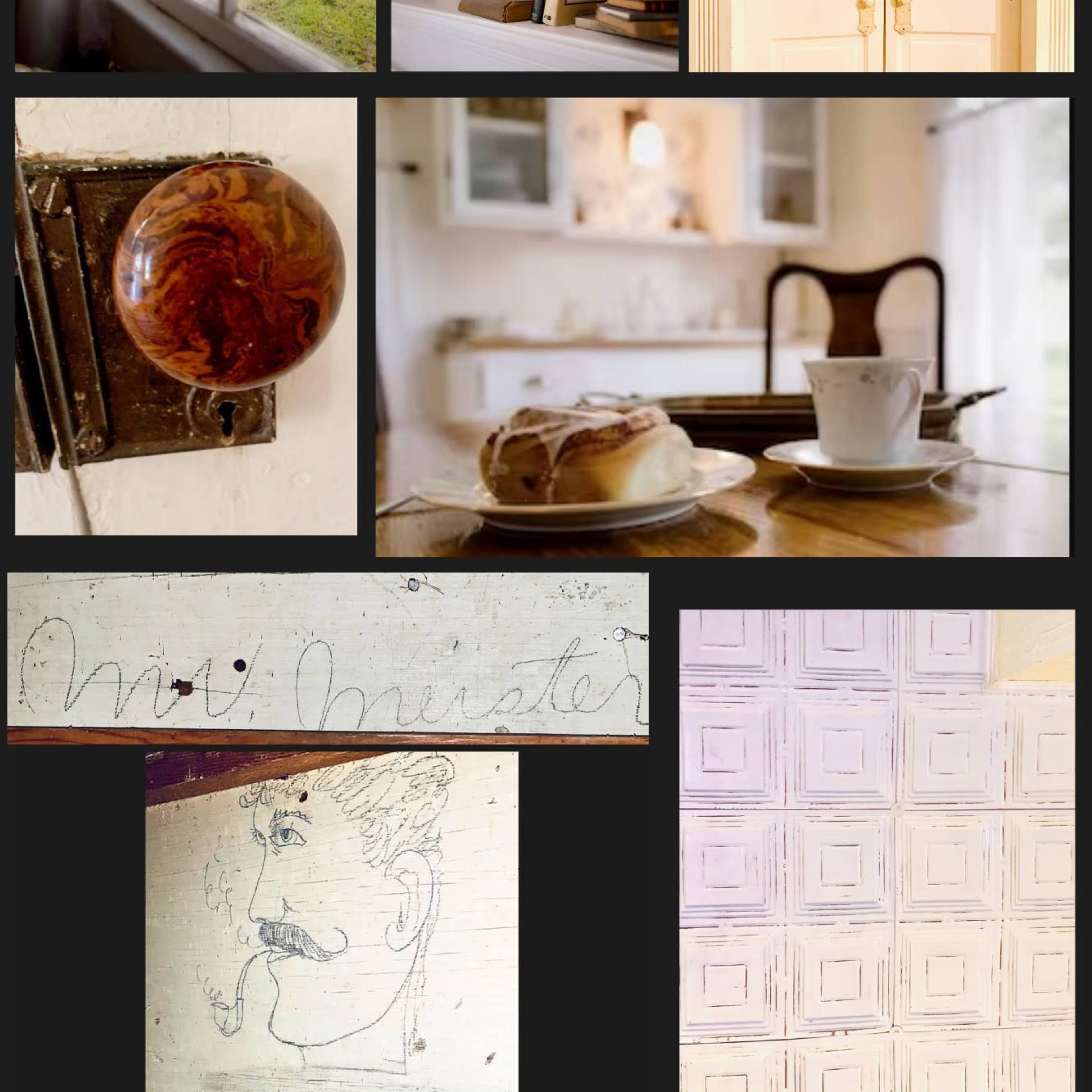 A collage of various interior scenes including a window view, a wooden door, a decorative handle, a plate with a pastry and a cup, handwritten text, and a sketched portrait.