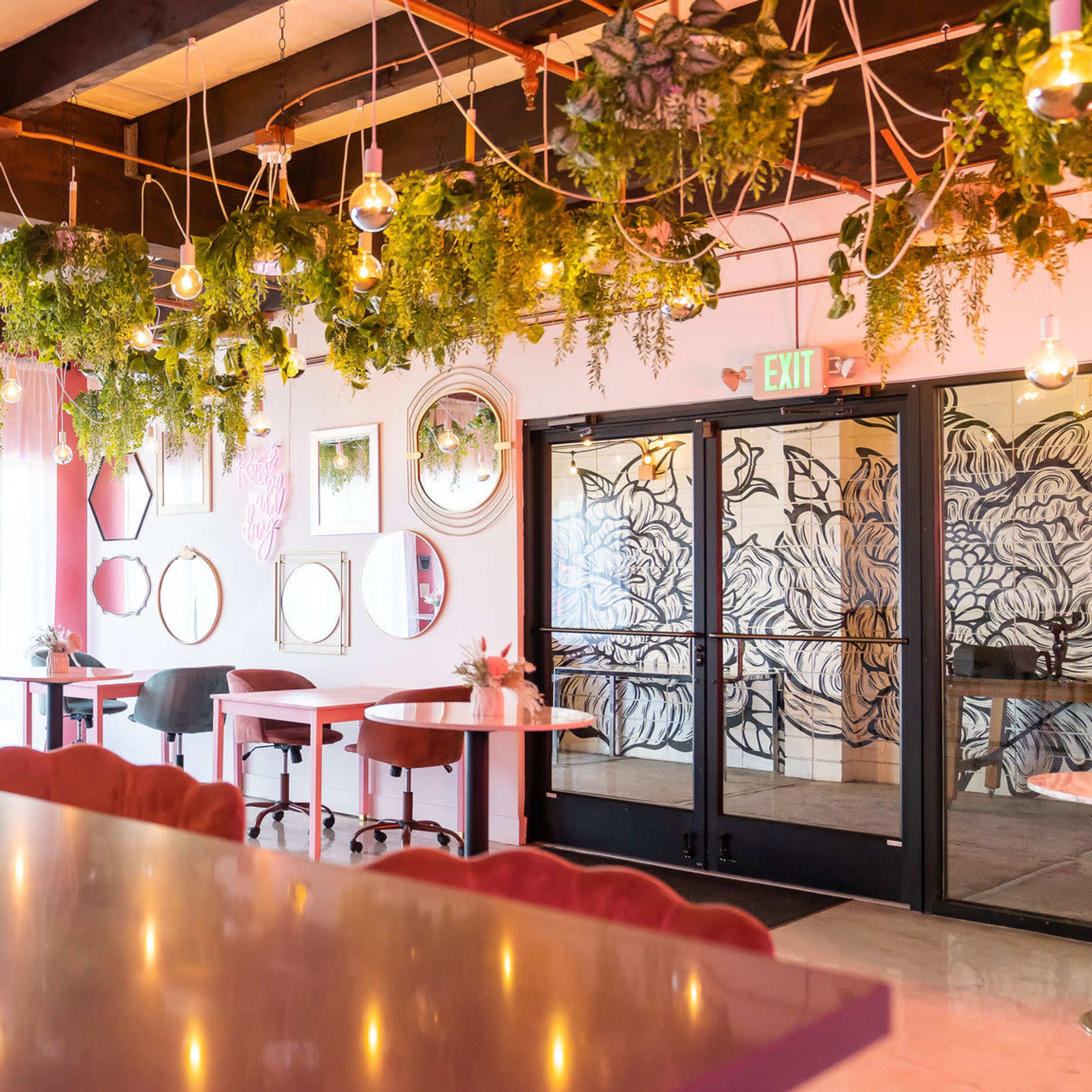 A brightly lit restaurant interior featuring hanging plants, round mirrors on the walls, and a bar counter with stylish seating.