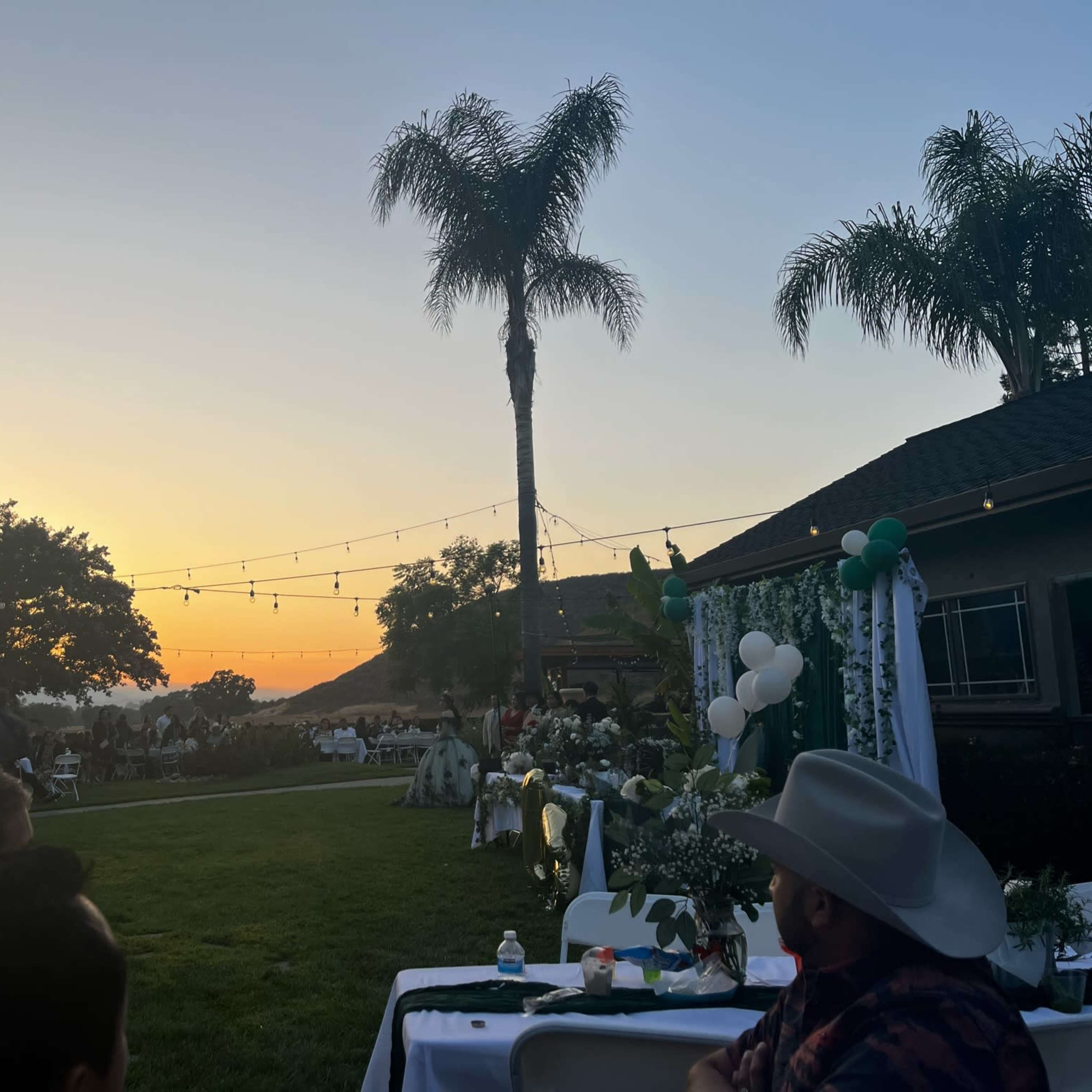 The scene depicts an outdoor event at sunset, with tables set up on a lawn, palm trees in the background, and string lights overhead.
