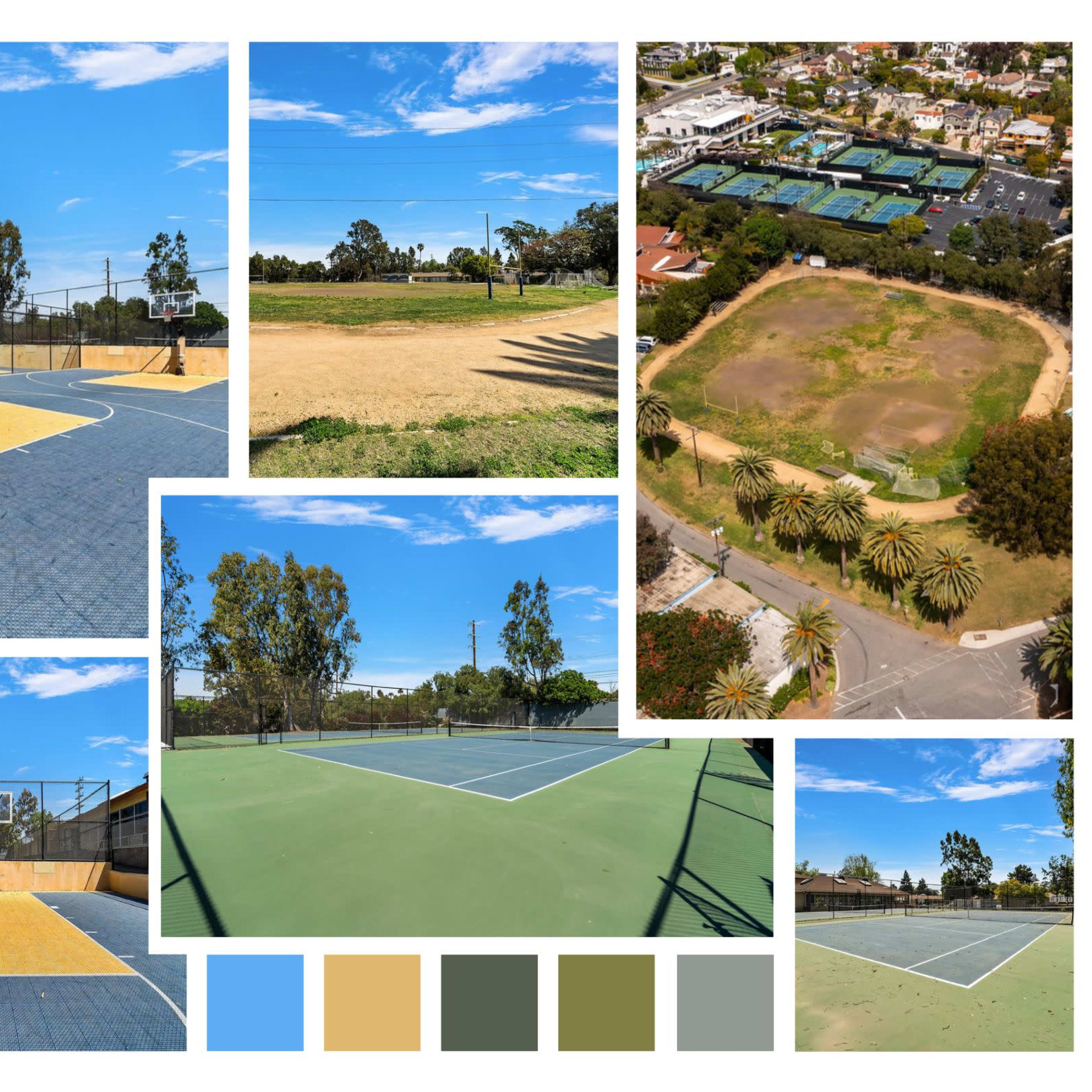 Various outdoor sports courts, including basketball and tennis, set in a green park with clear blue skies and surrounding trees.