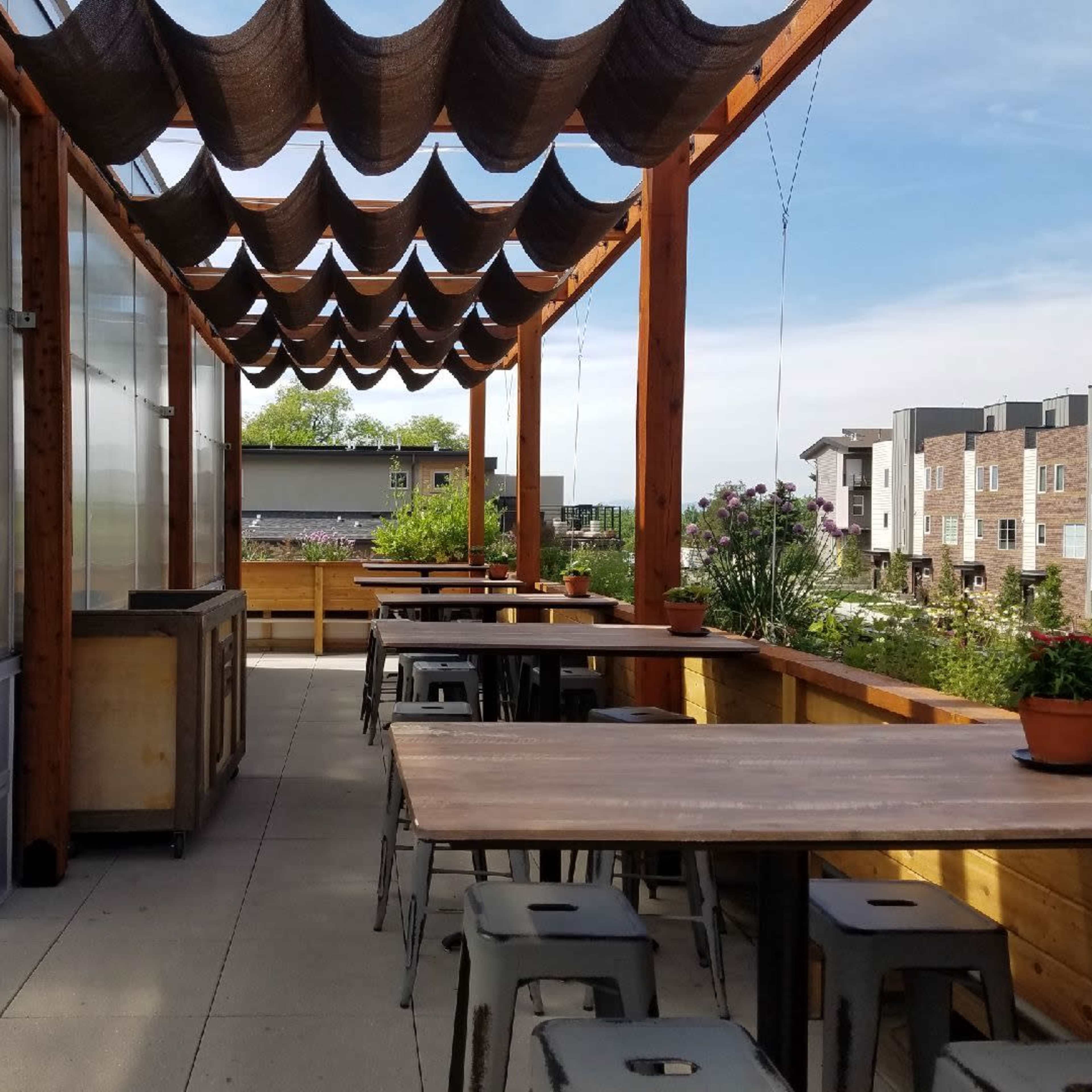 An outdoor dining area with wooden tables and seating under a canopy of fabric, surrounded by potted plants and modern apartment buildings in the background.