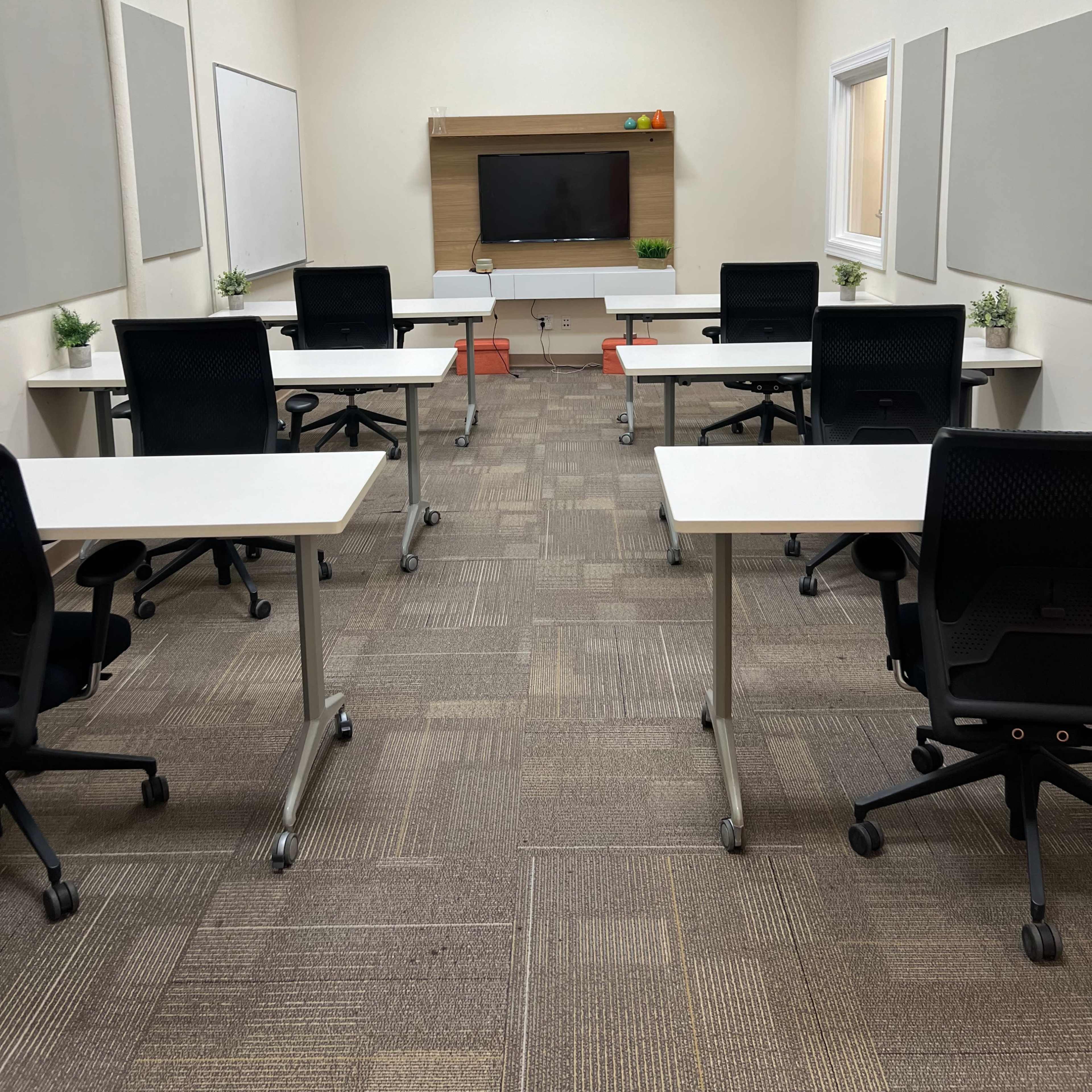 A spacious classroom features several desks and chairs arranged around a central television display and two plants on the tables.