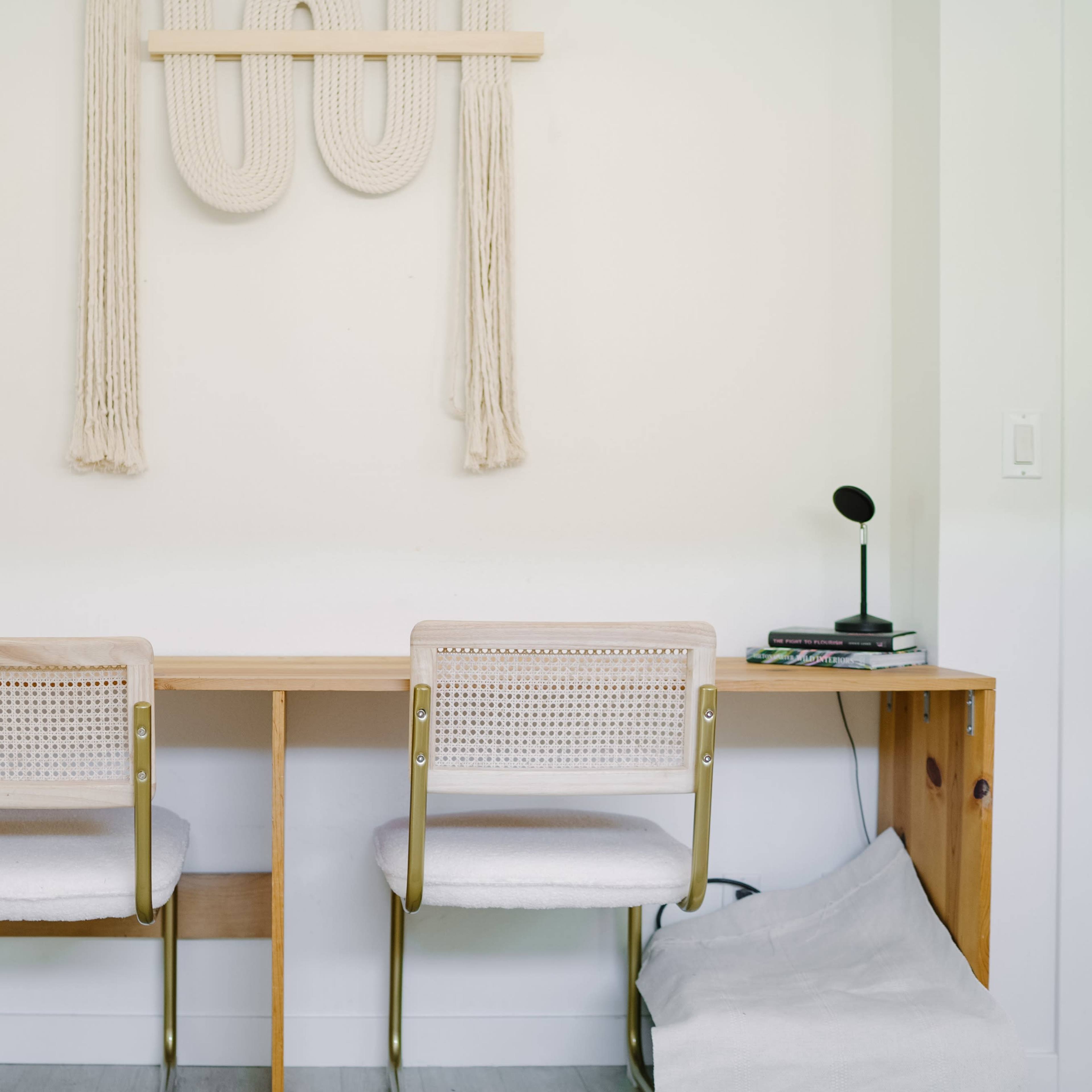 A minimalist workspace featuring a wooden desk with two chairs, a small plant, a framed picture, and a lamp on the side.