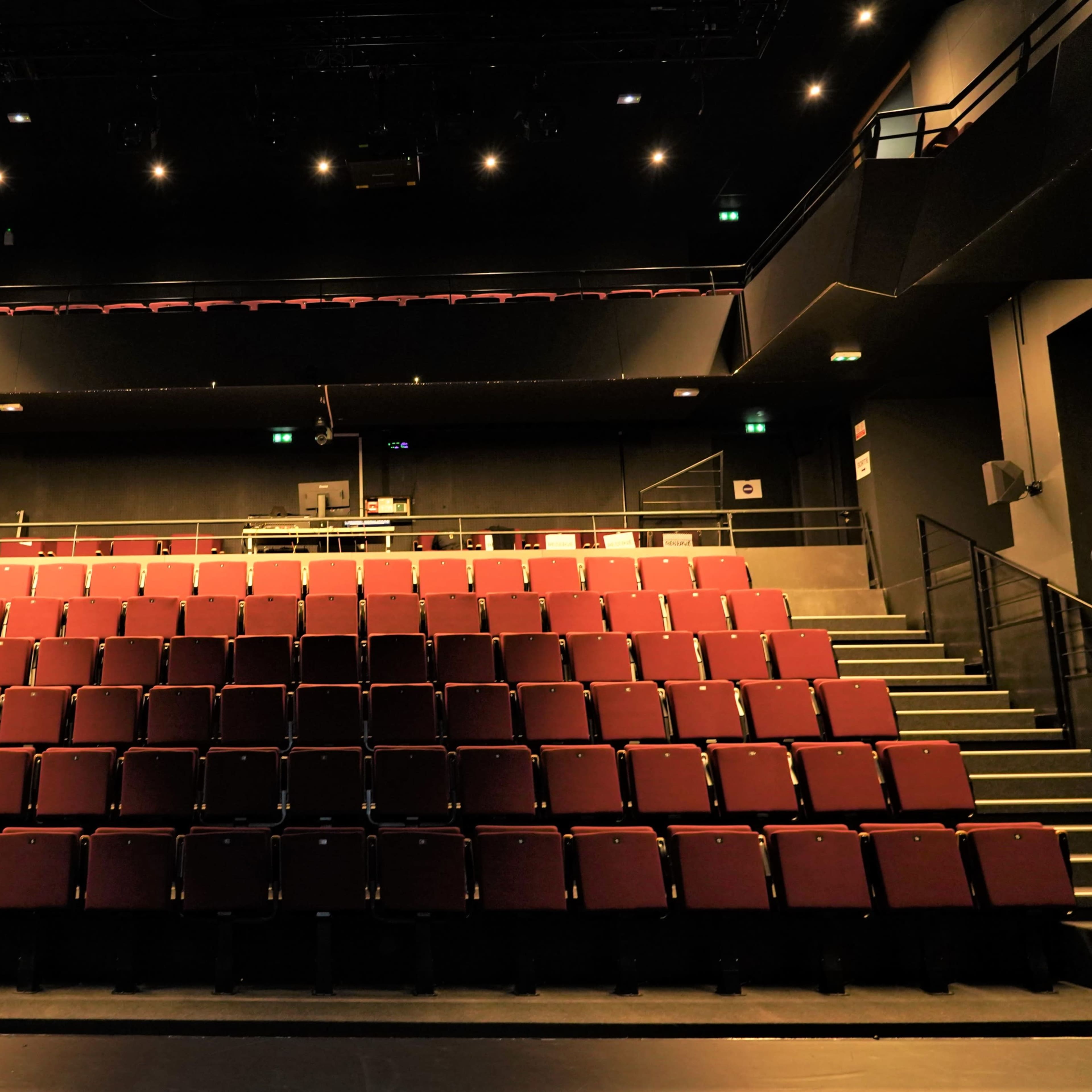 A dimly lit theater with rows of maroon seats arranged in a steeply tiered configuration.