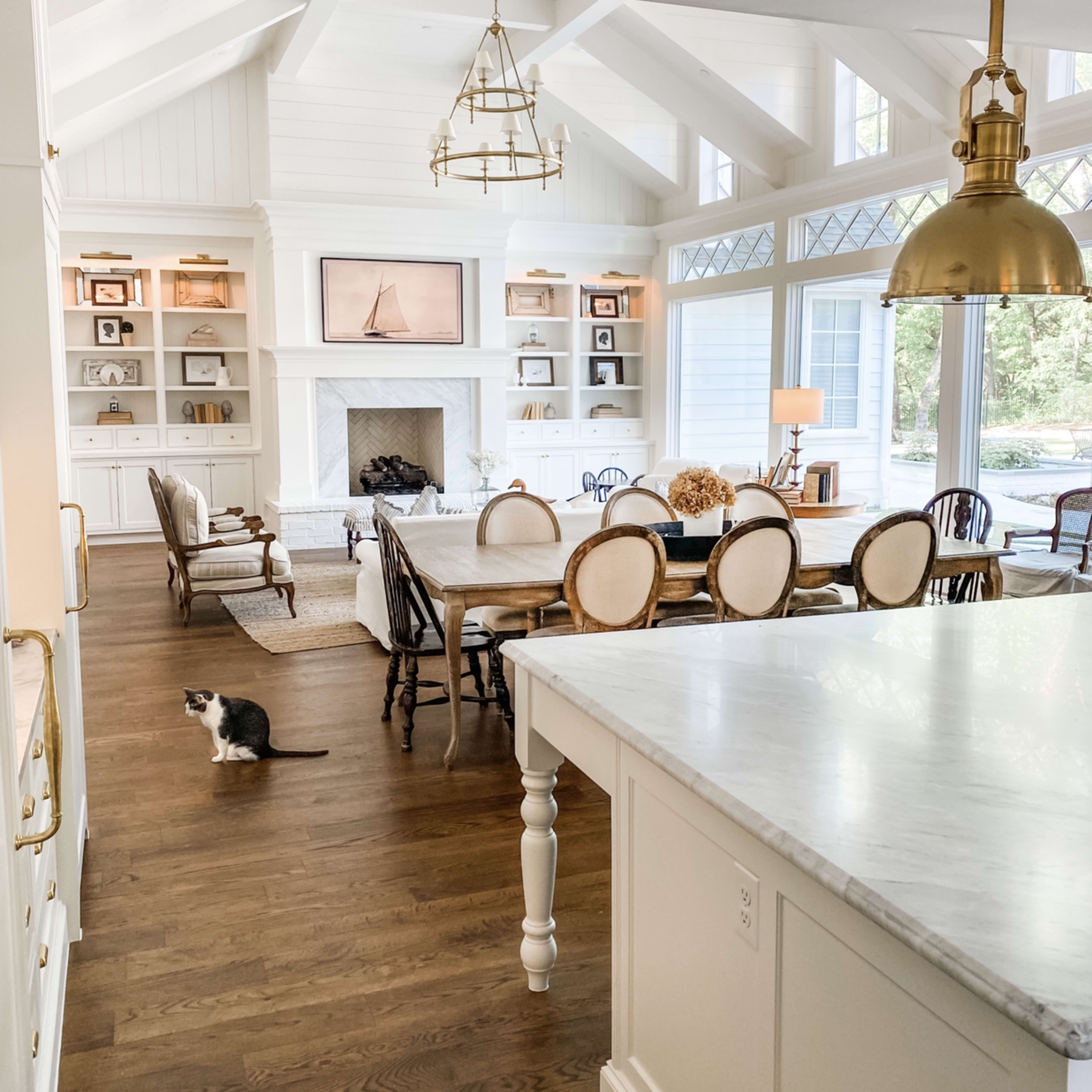 A bright, open-concept living space features a dining area with a long table, a cozy seating area with a fireplace, and a cat walking across the wooden floor.