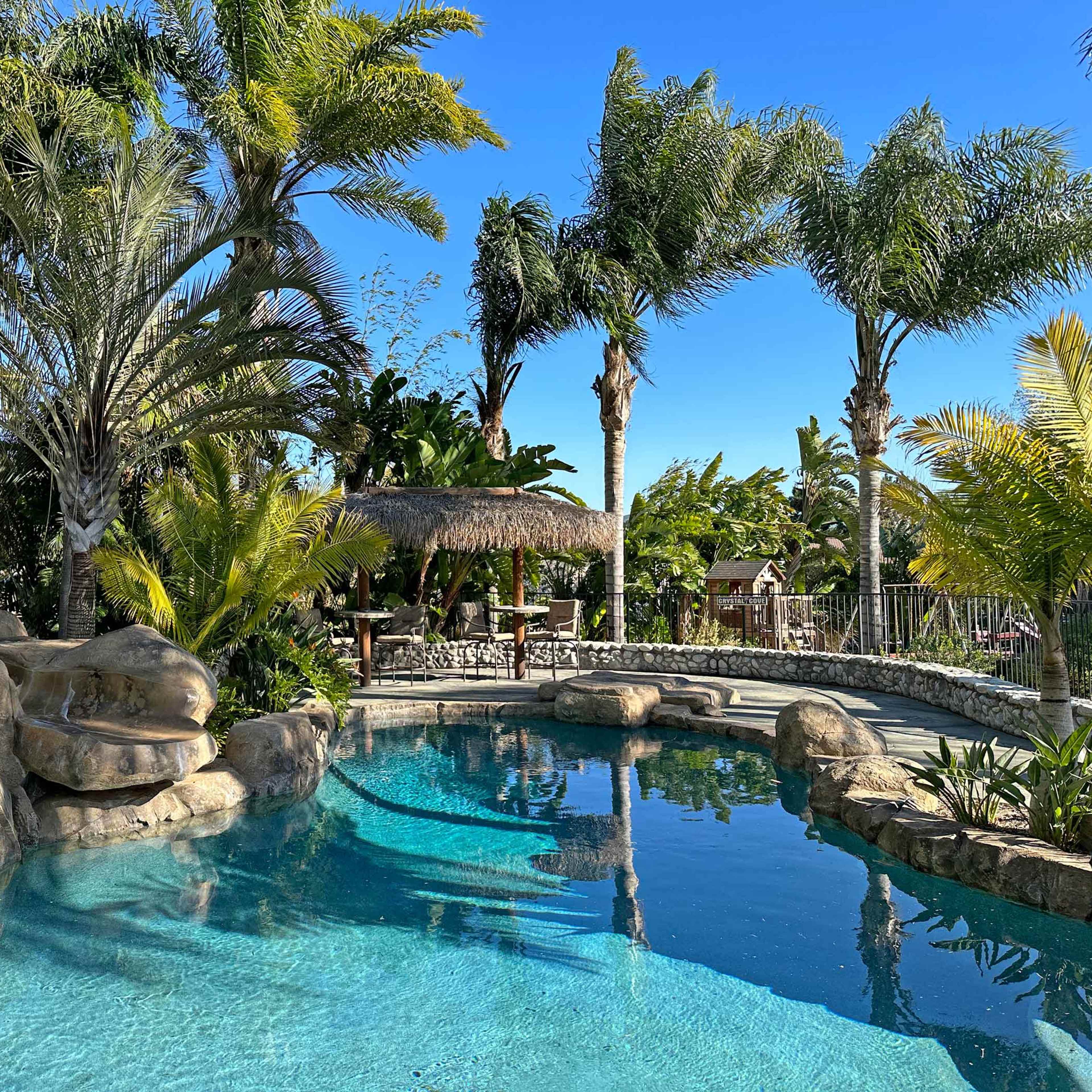 A vibrant pool area surrounded by lush palm trees and tropical plants, with a rock formation and a thatched gazebo nearby.