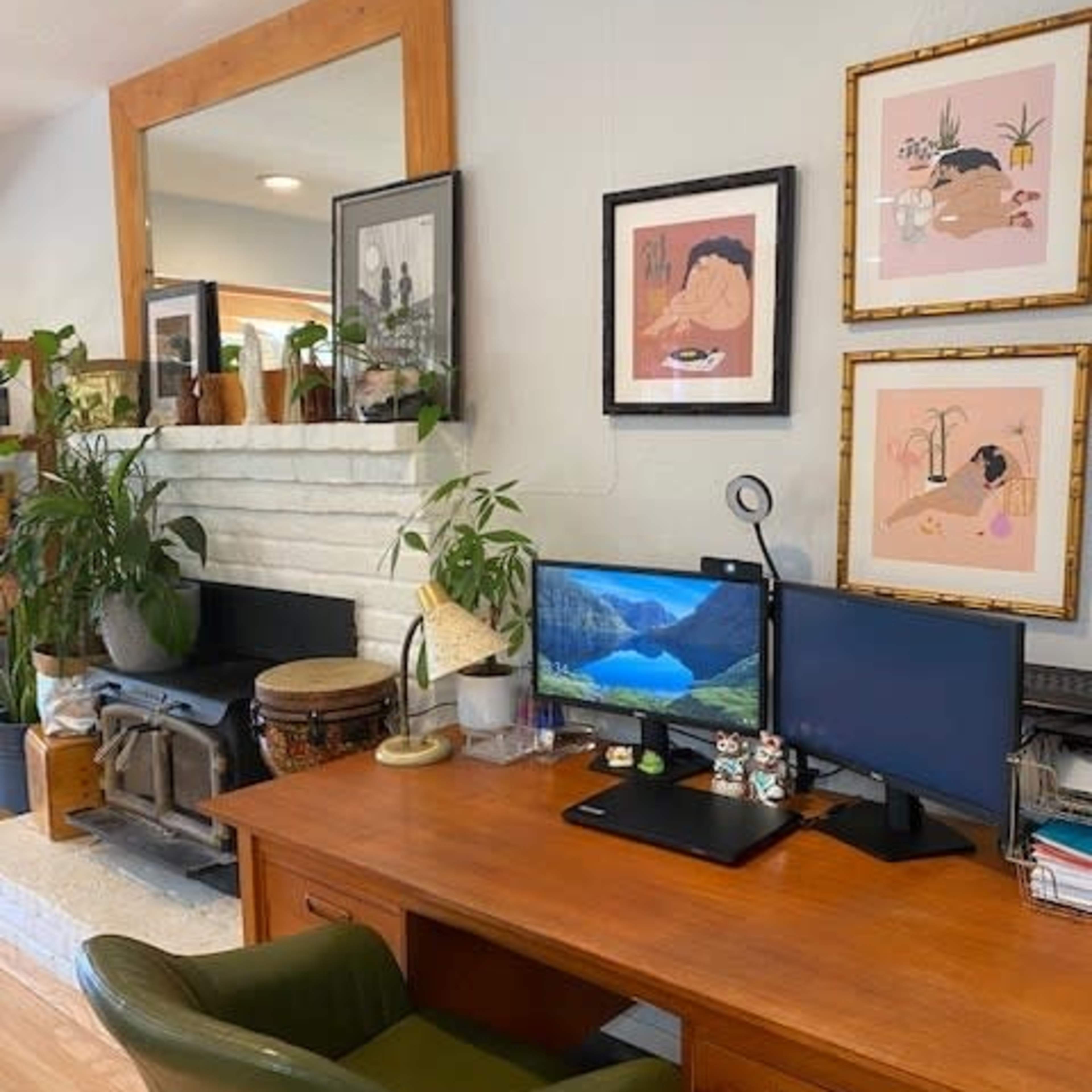 A wooden desk with dual computer monitors is positioned in front of a light blue wall adorned with framed art and surrounded by plants.