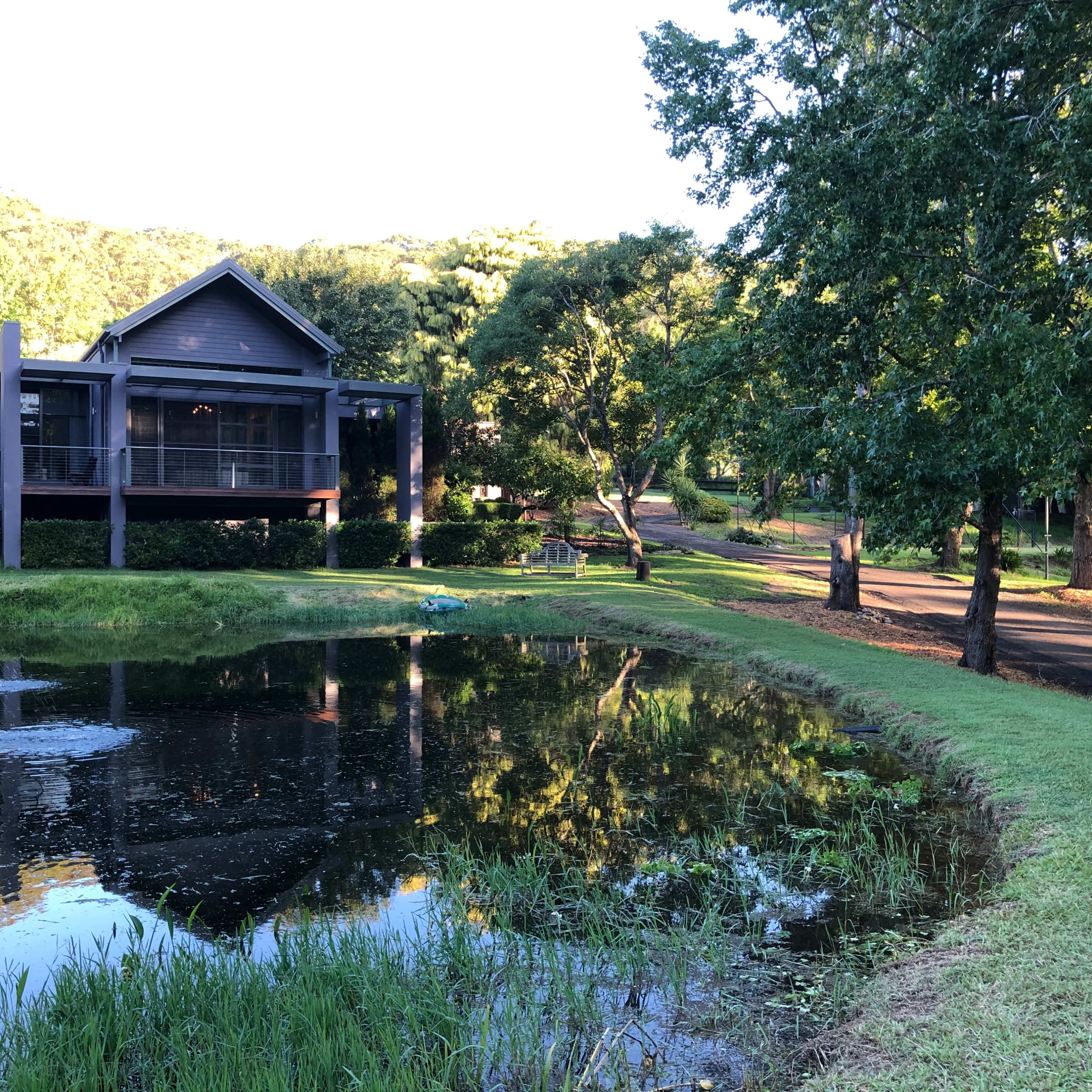 A house with a deck sits beside a pond, surrounded by trees and a grassy area.