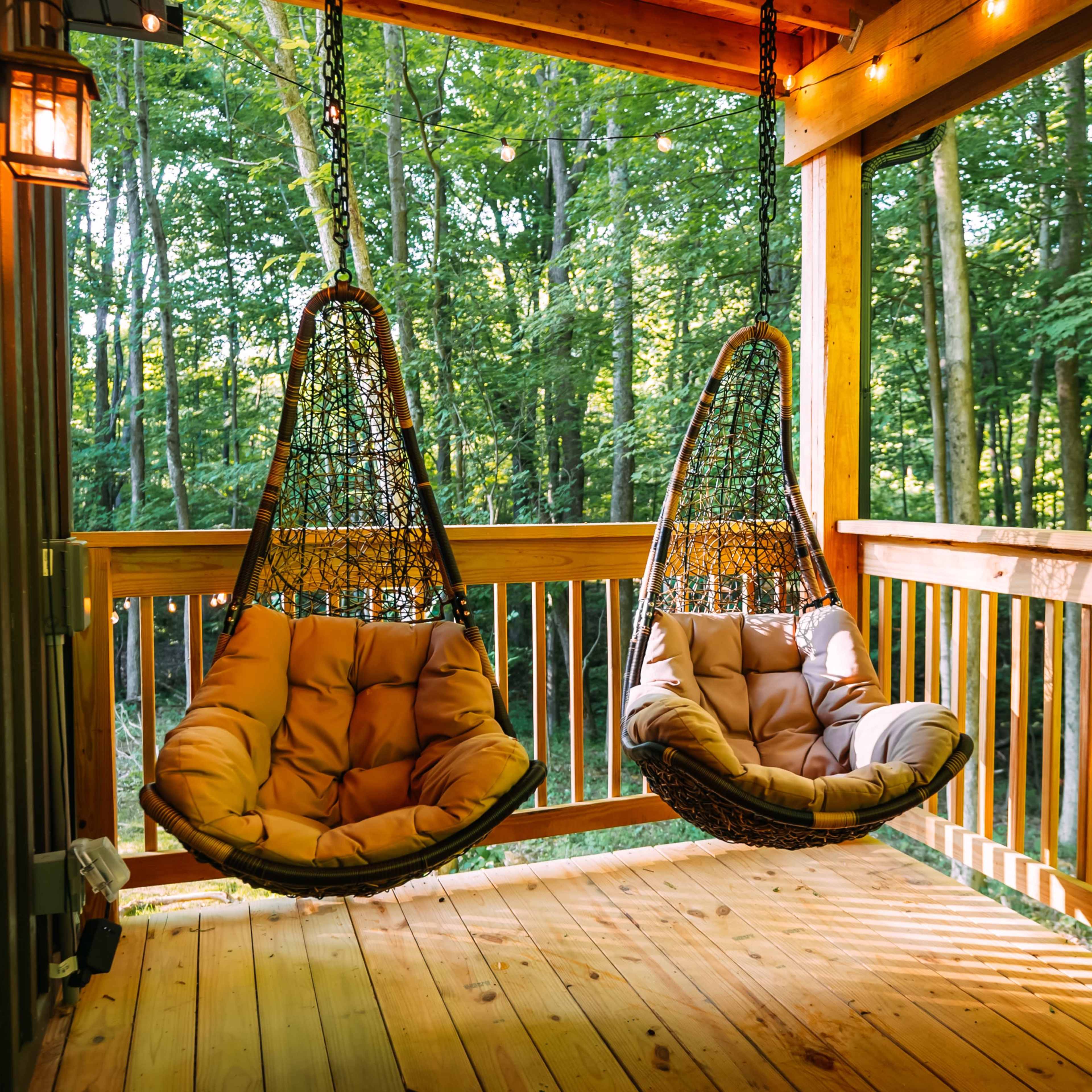 Two hanging chairs with cushions positioned on a wooden porch surrounded by trees.