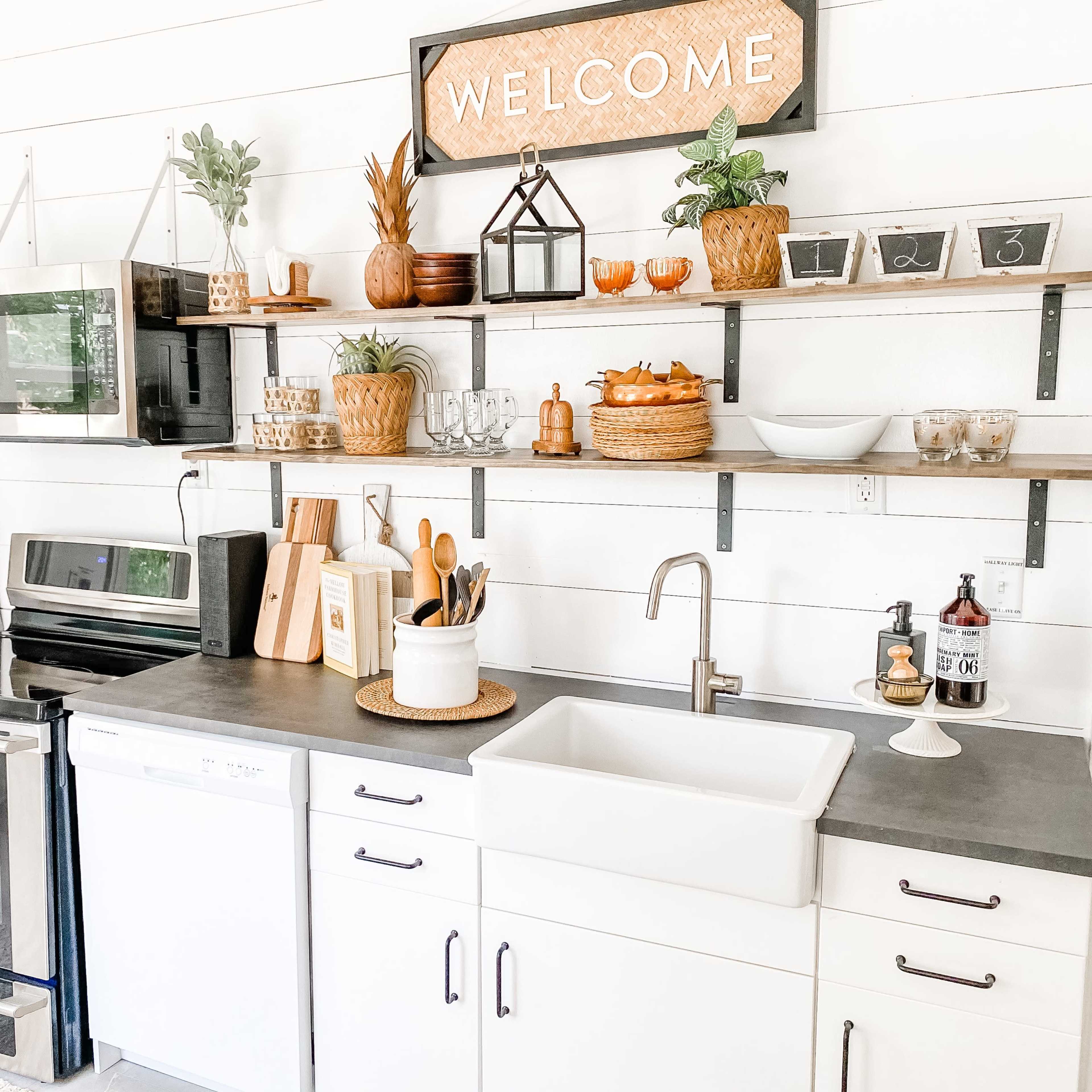 A modern kitchen features open shelving with cookware, plants, and decorative items, alongside stainless steel appliances and a farmhouse sink.