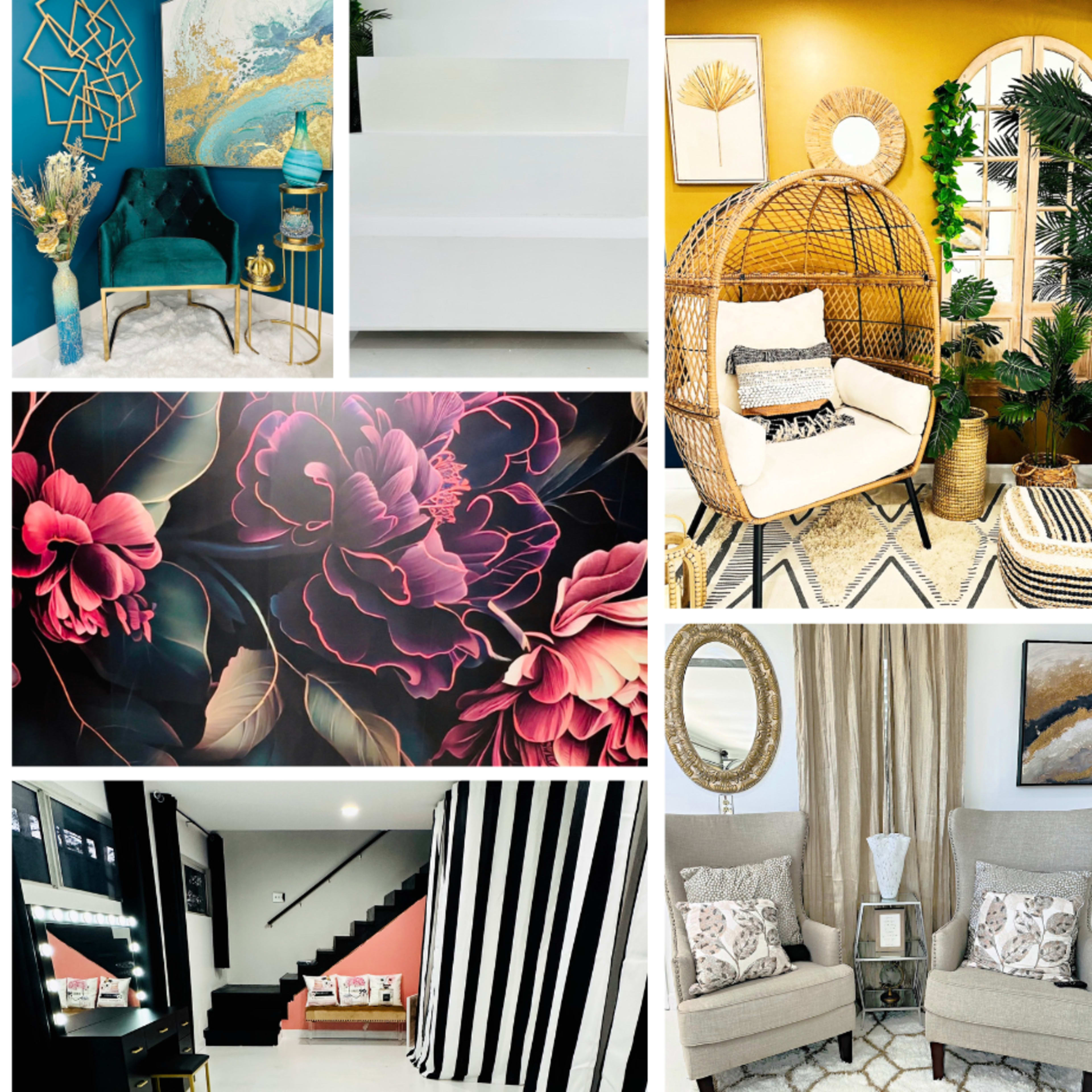 A collection of stylish interior design scenes featuring various seating arrangements, wall art, and decorative elements in a modern aesthetic.