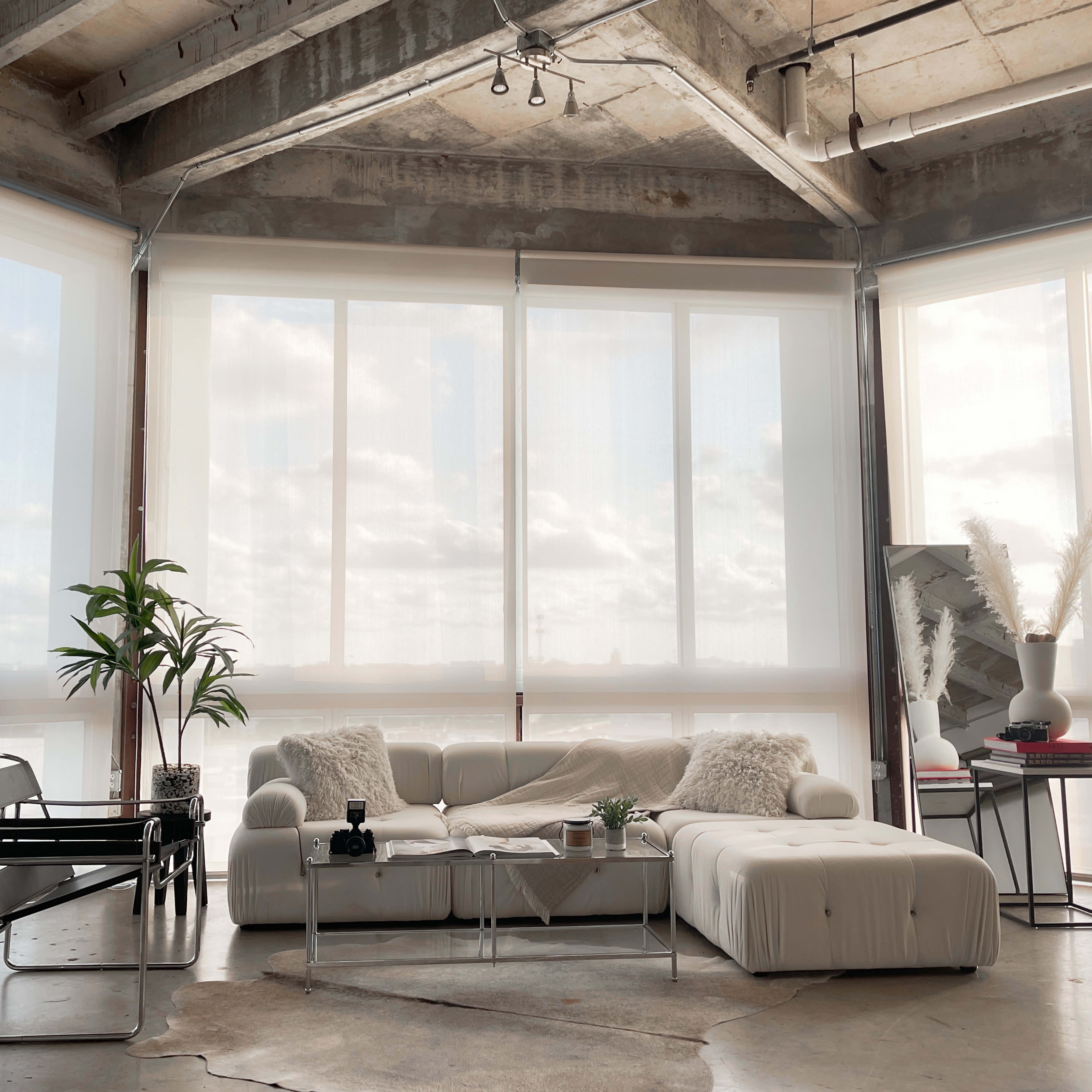 A modern, minimalist living room featuring a white sectional sofa, a black chair, a potted plant, and large windows with sheer shades allowing natural light.