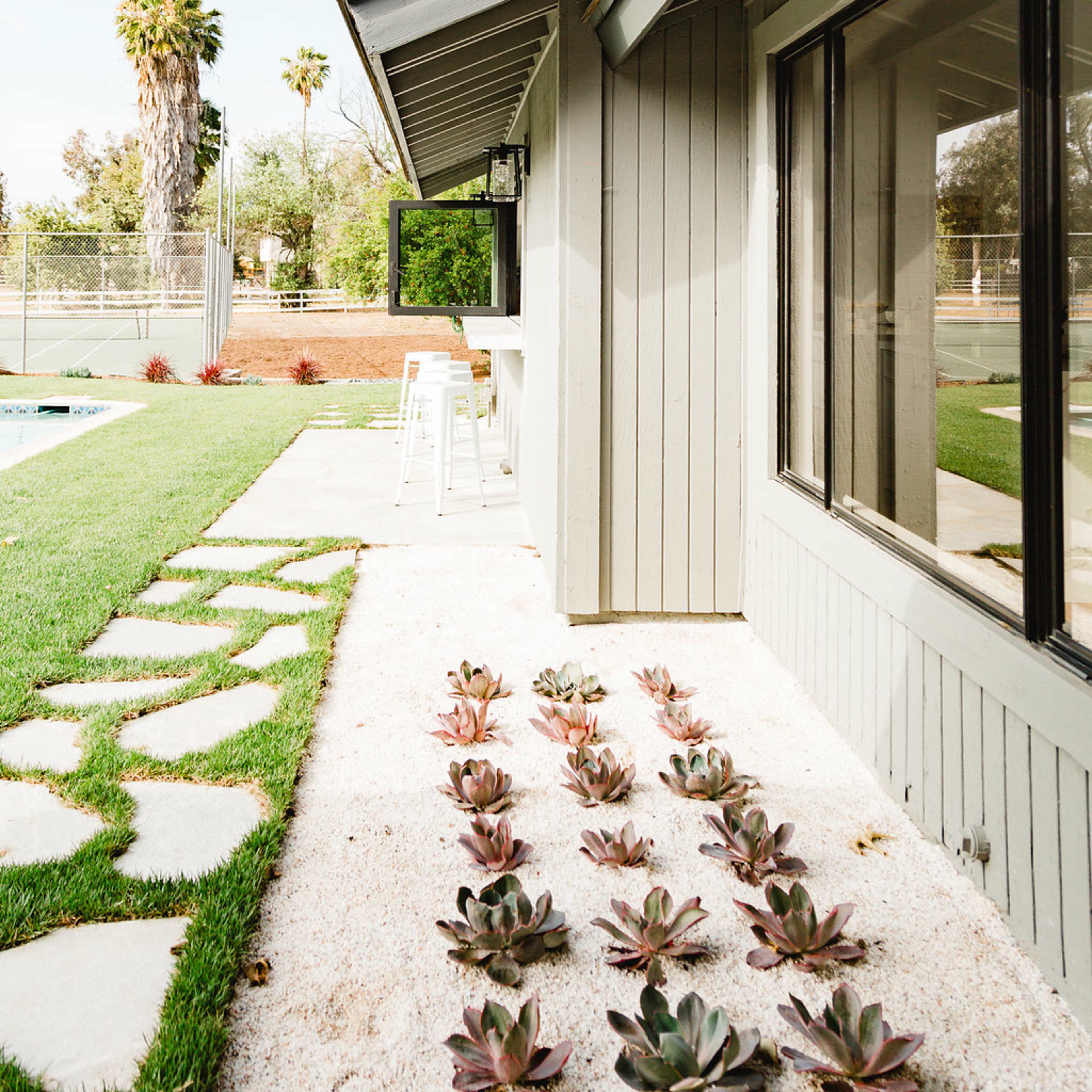 A modern house with a gray exterior features a landscaped garden with stepping stone pathways and rows of succulent plants beside a swimming pool.