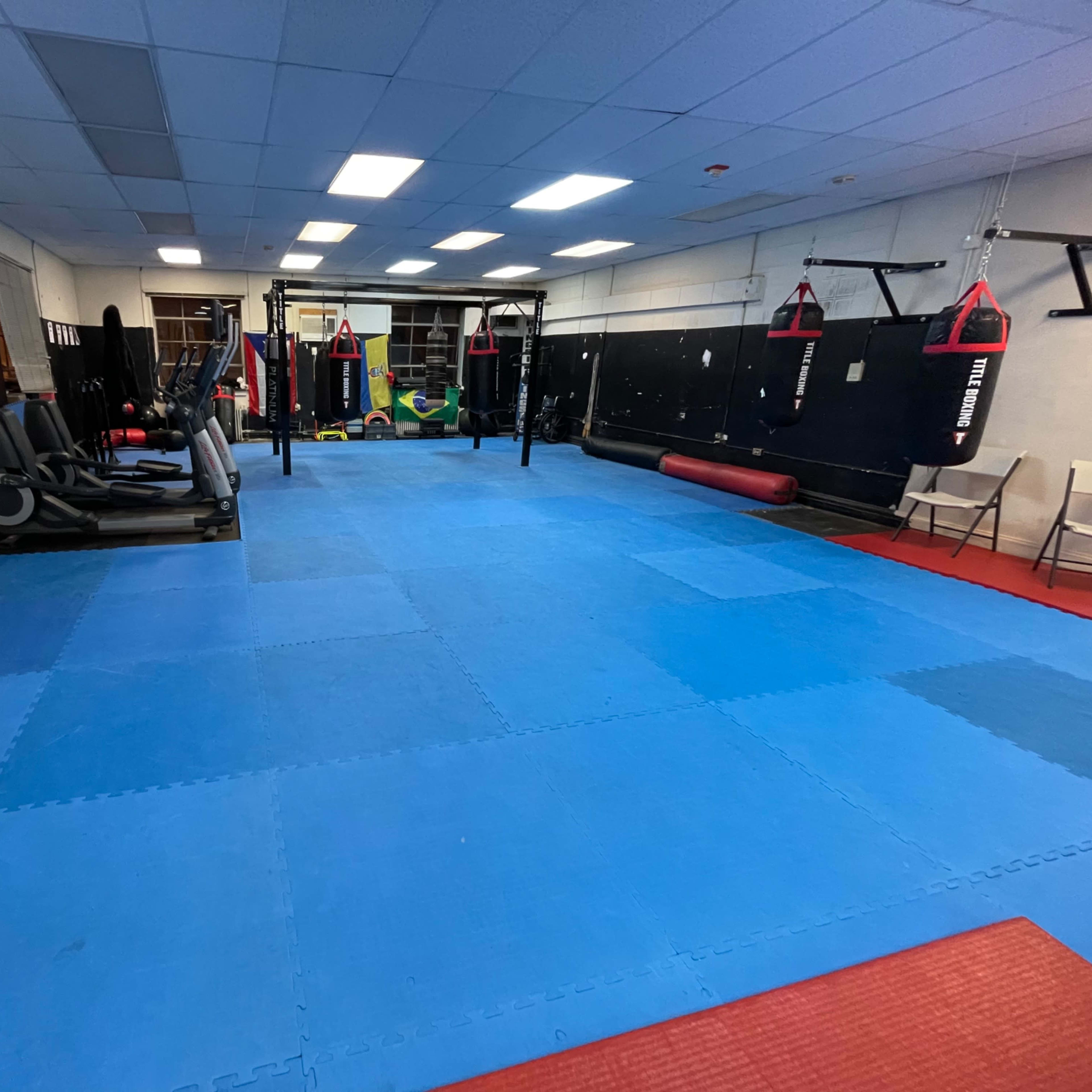 A well-lit gym with blue mats, lined with punching bags and various gym equipment.