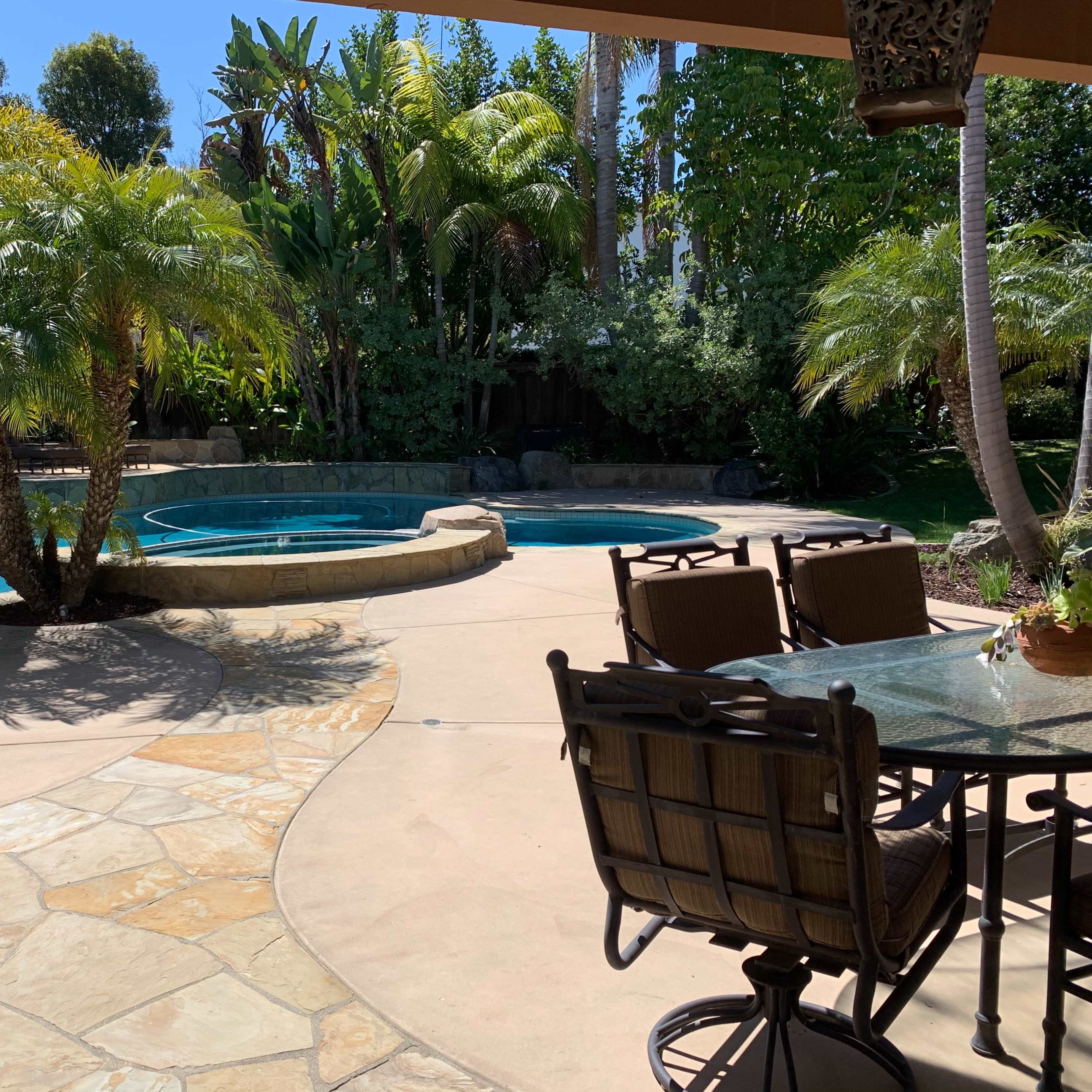 A backyard with a swimming pool, a spa, palm trees, and a patio dining area.