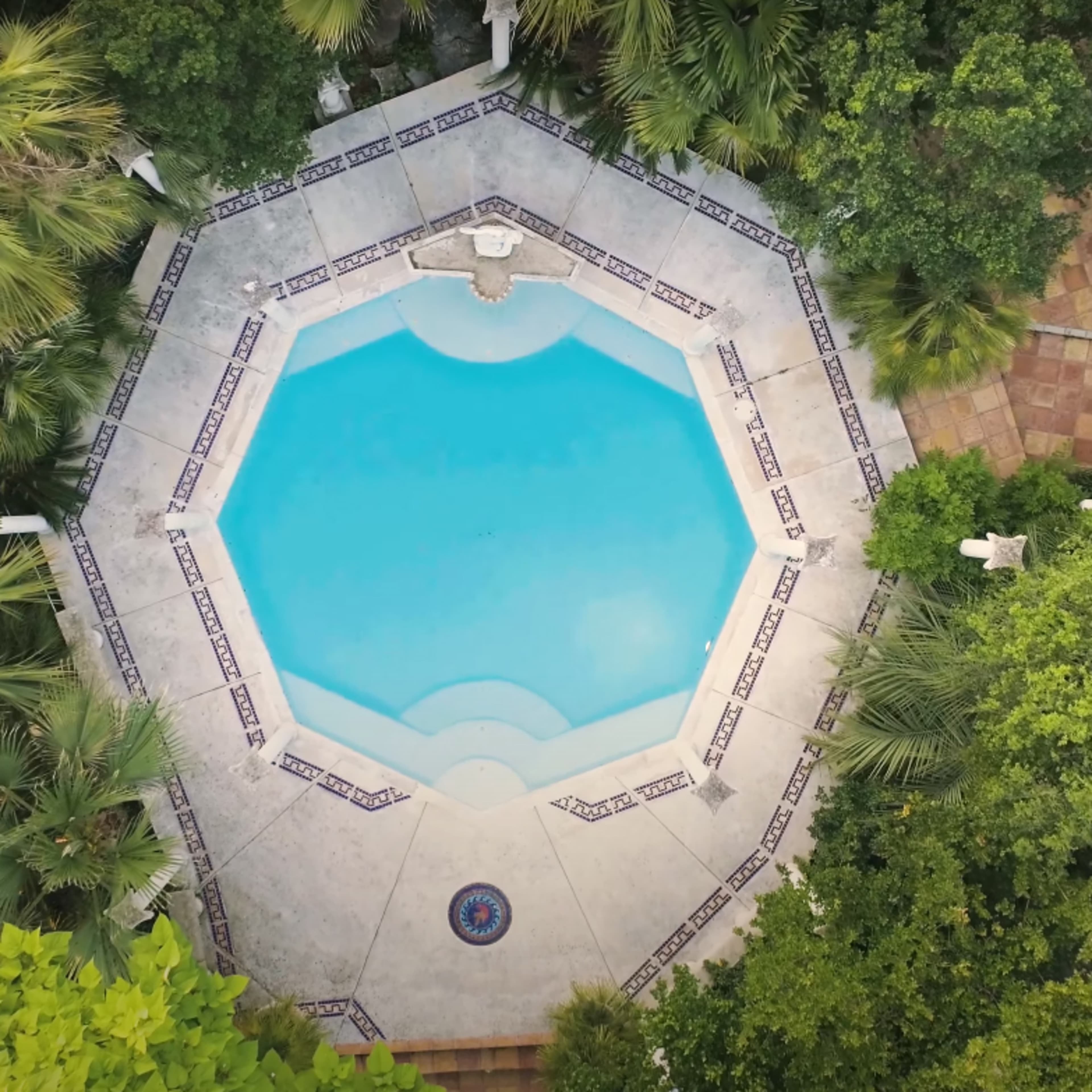 An octagonal swimming pool surrounded by lush greenery and a patterned patio.
