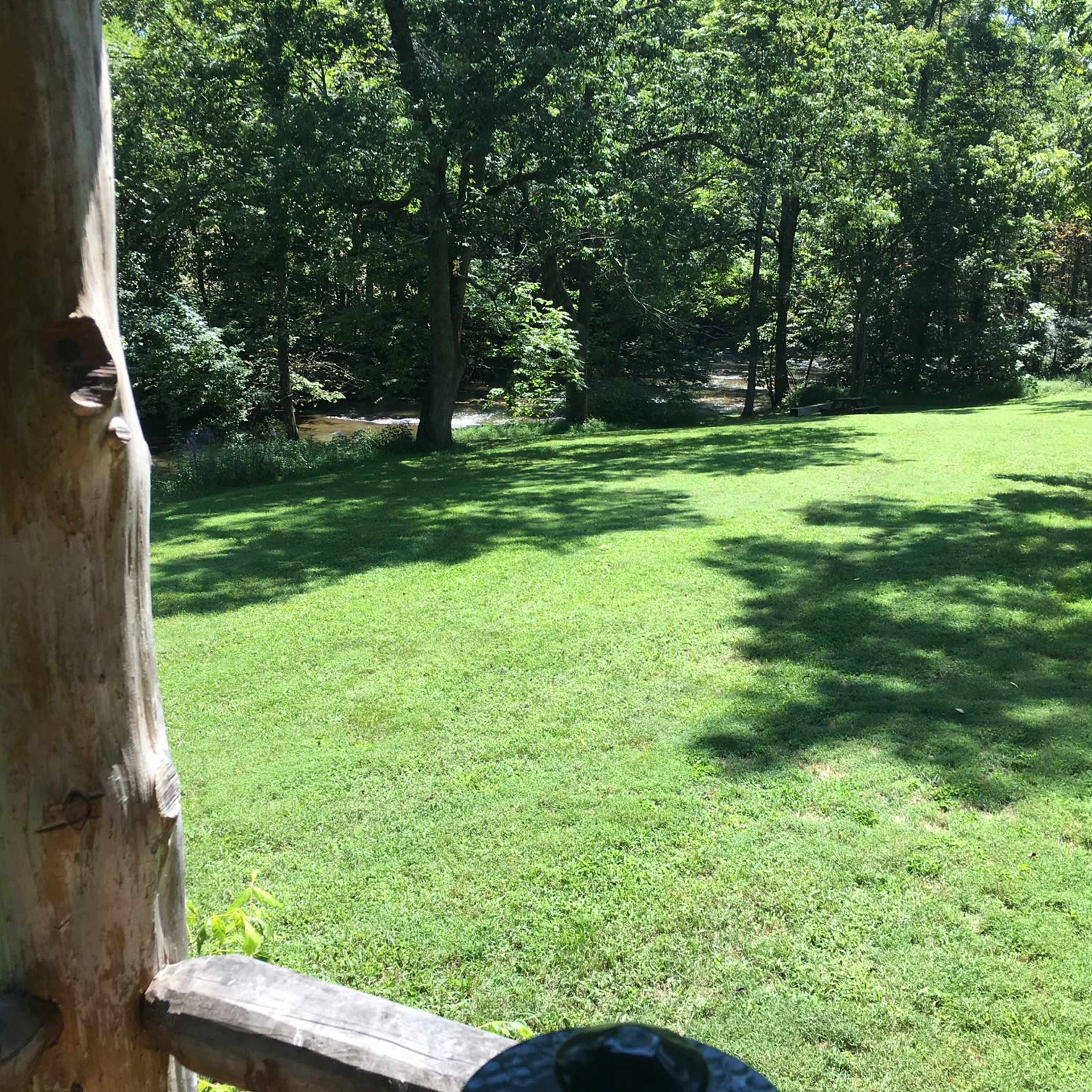 A grassy area bordered by trees and a stream can be seen in the image.