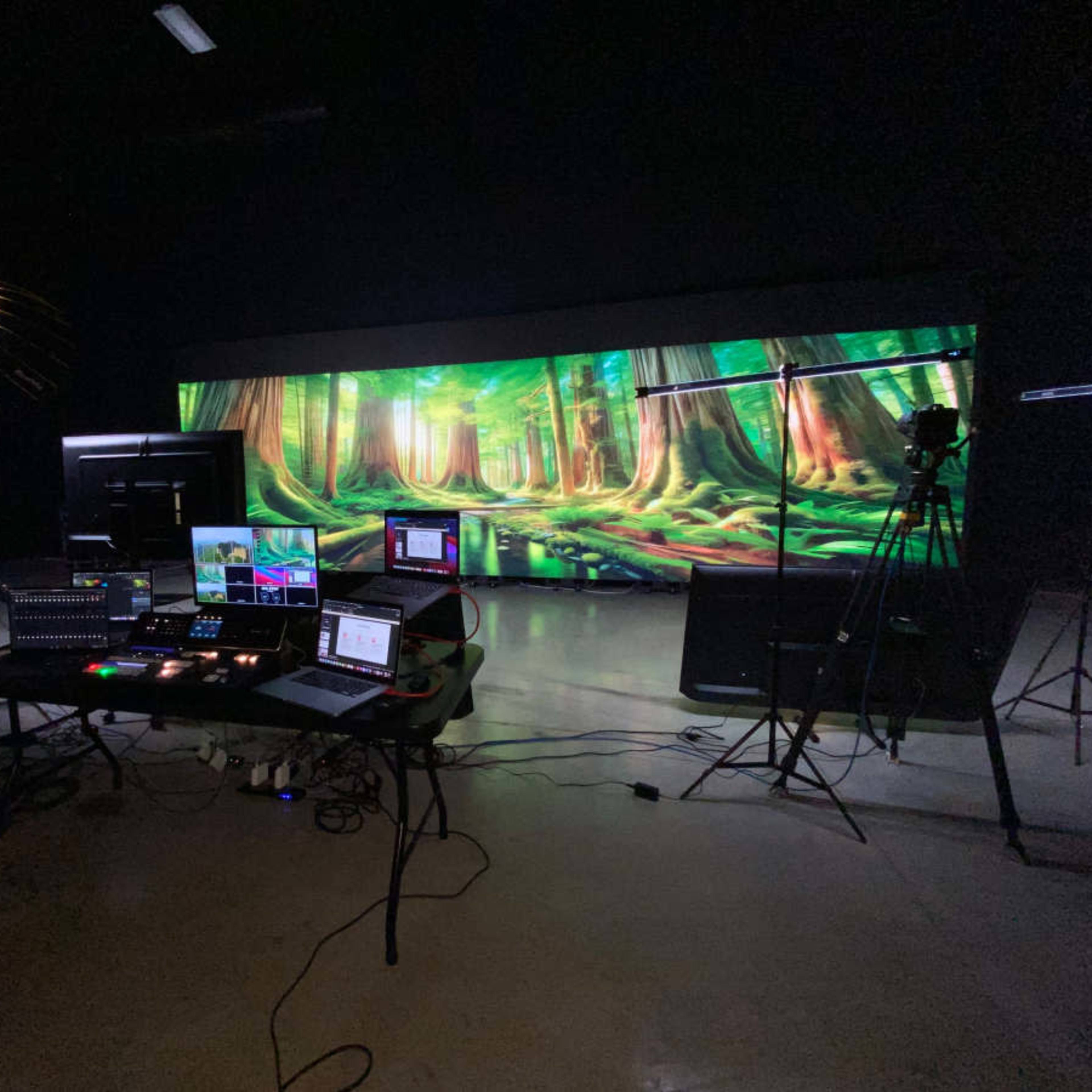A studio setup with multiple computer screens, cameras, and lighting equipment in front of a large backdrop depicting a forest scene.