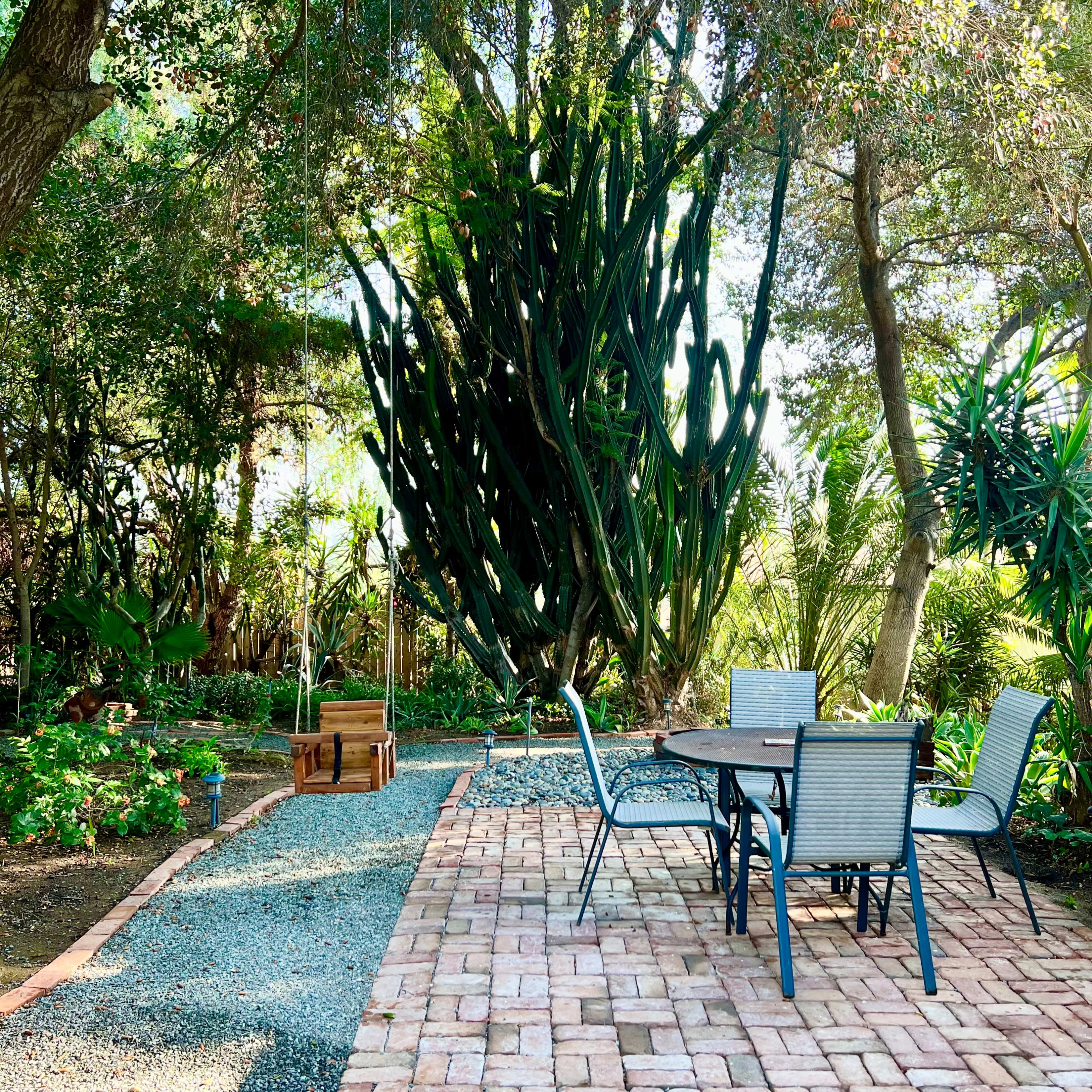 A brick patio with a table and chairs is surrounded by greenery and a tall cactus under a canopy of trees.