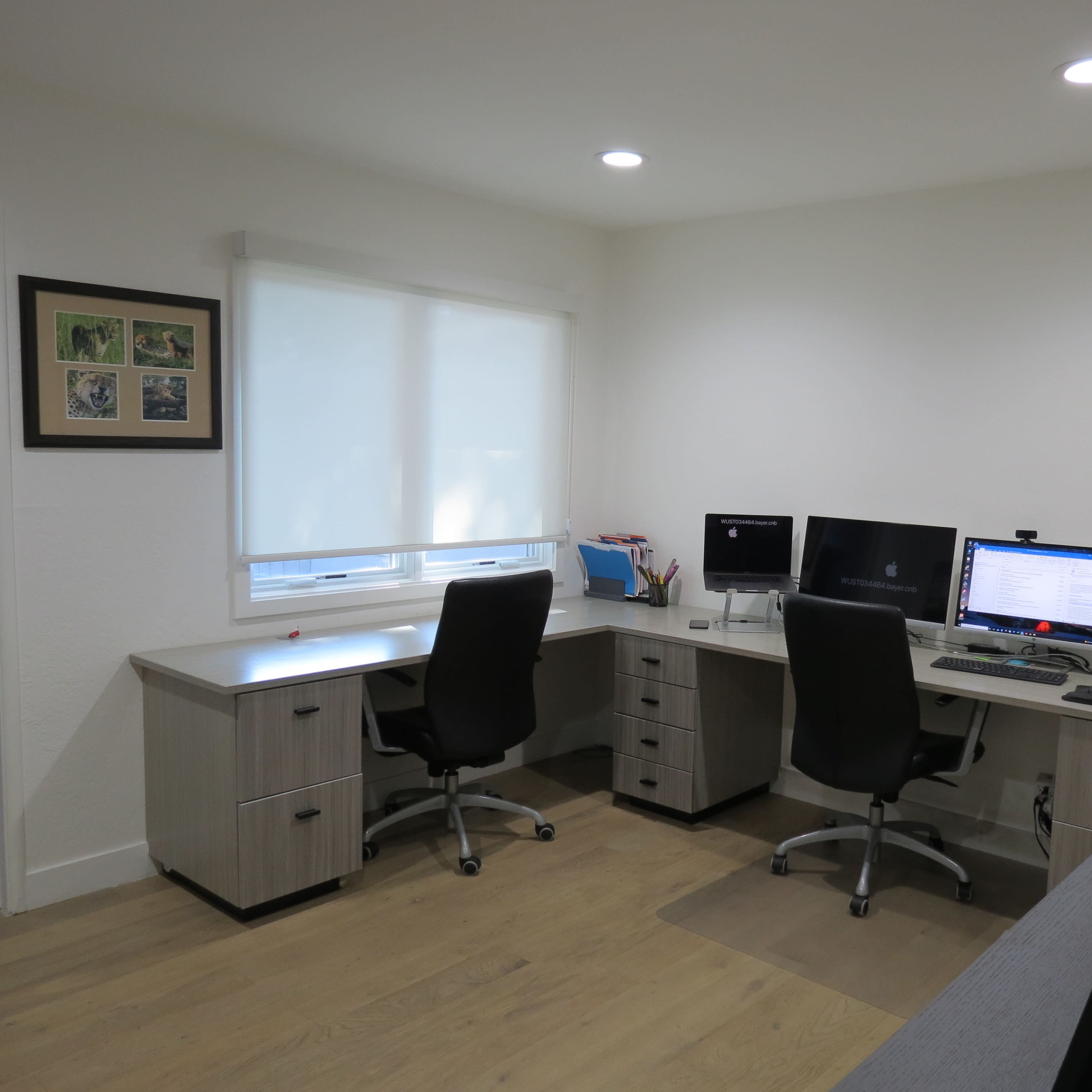 A modern office space features two desks with computers, black office chairs, and light-colored walls.