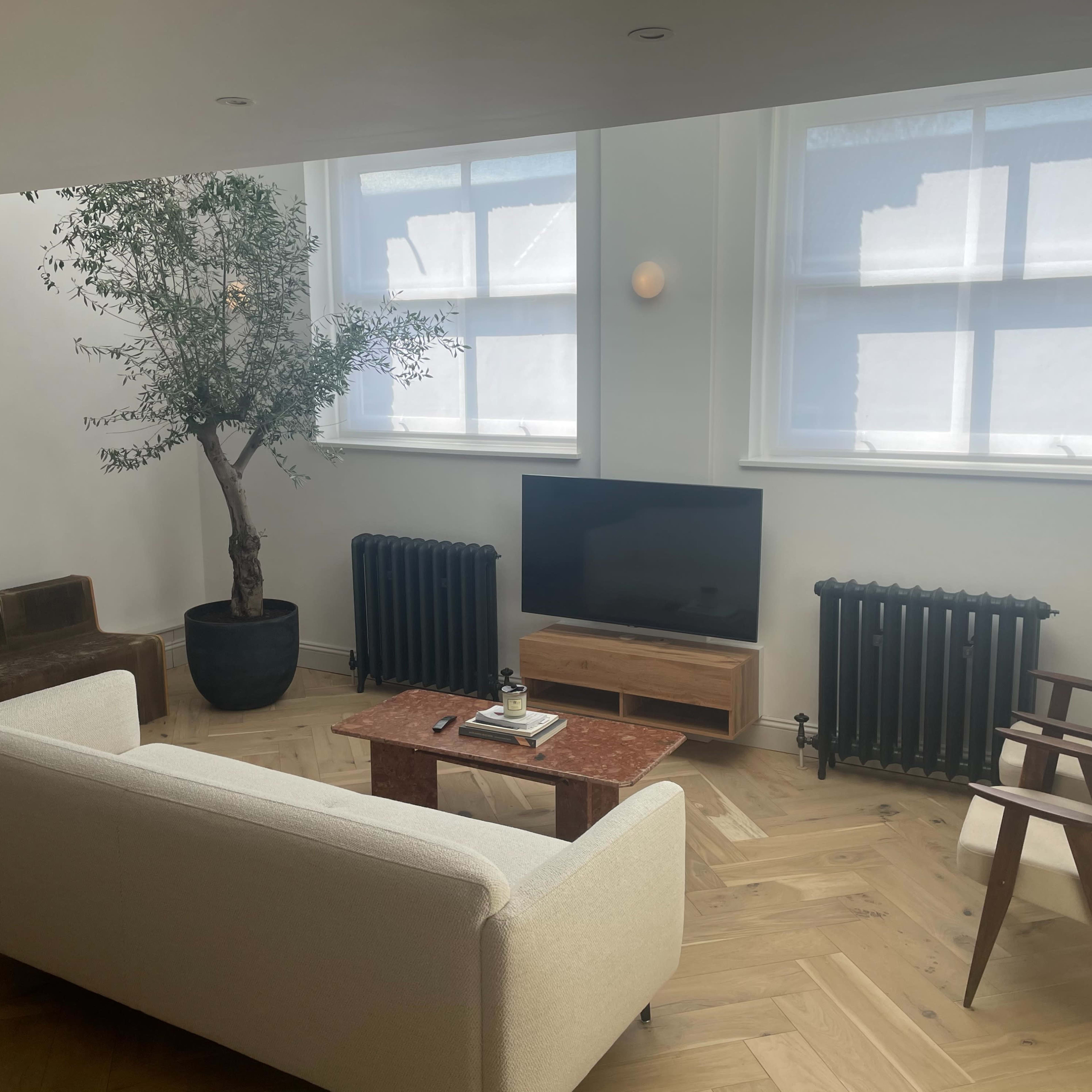 A living room features a sofa, two chairs, a coffee table, and a television against a backdrop of large windows and a potted plant.