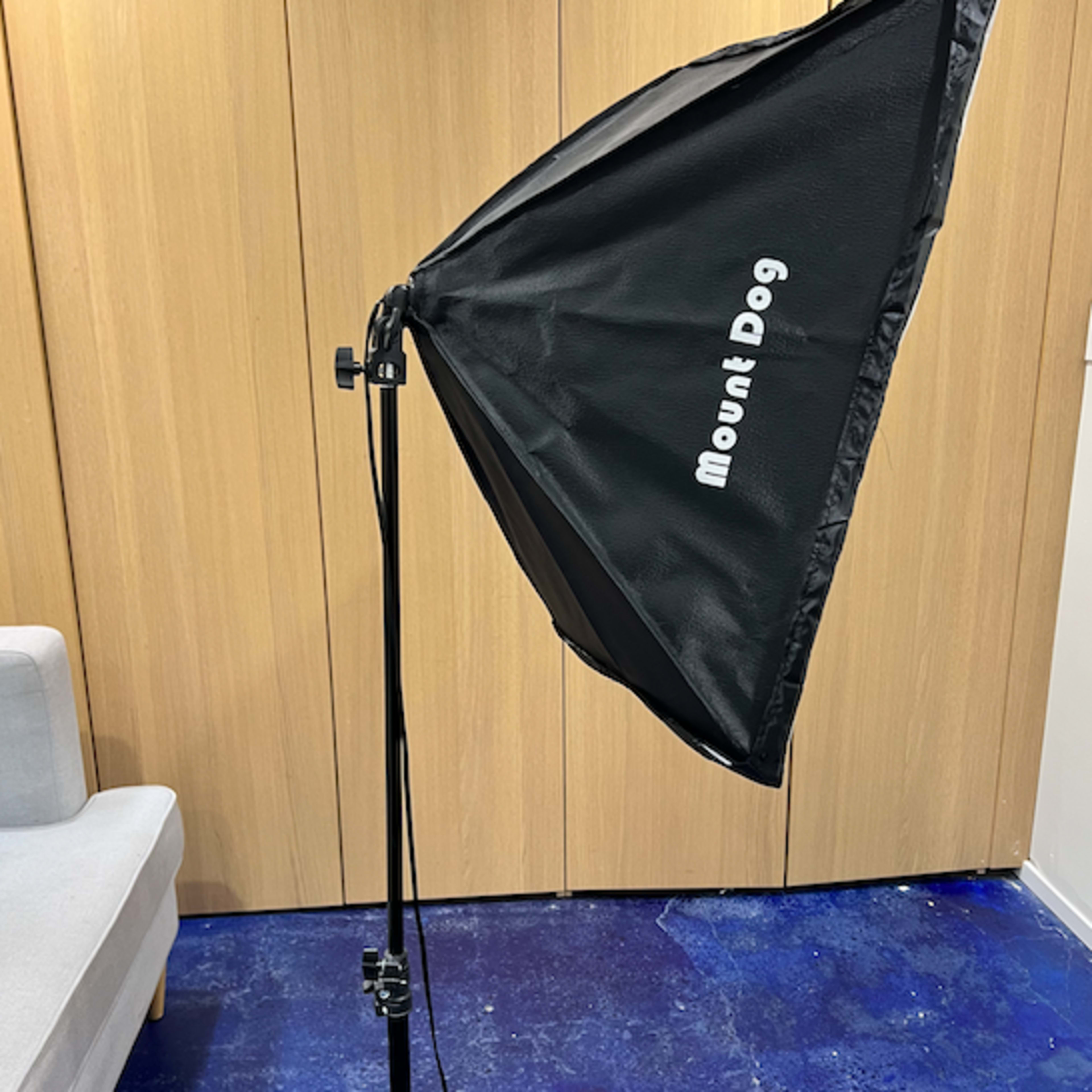 A black softbox light on a stand is positioned next to a gray sofa in a room with wooden paneling and a blue floor.