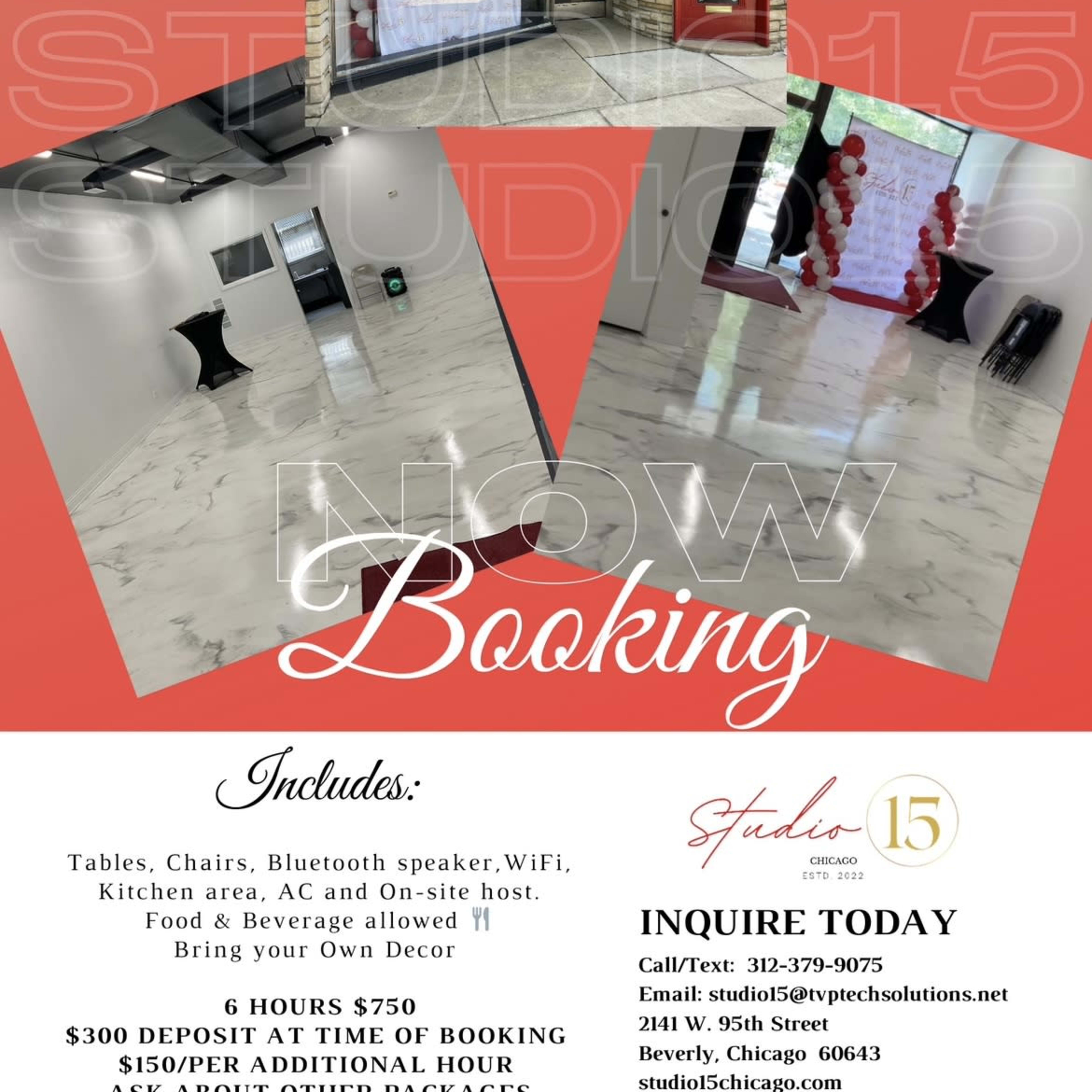 A promotional flyer for Studio 15, detailing rental options that include tables, chairs, a Bluetooth speaker, Wi-Fi, and kitchen amenities.