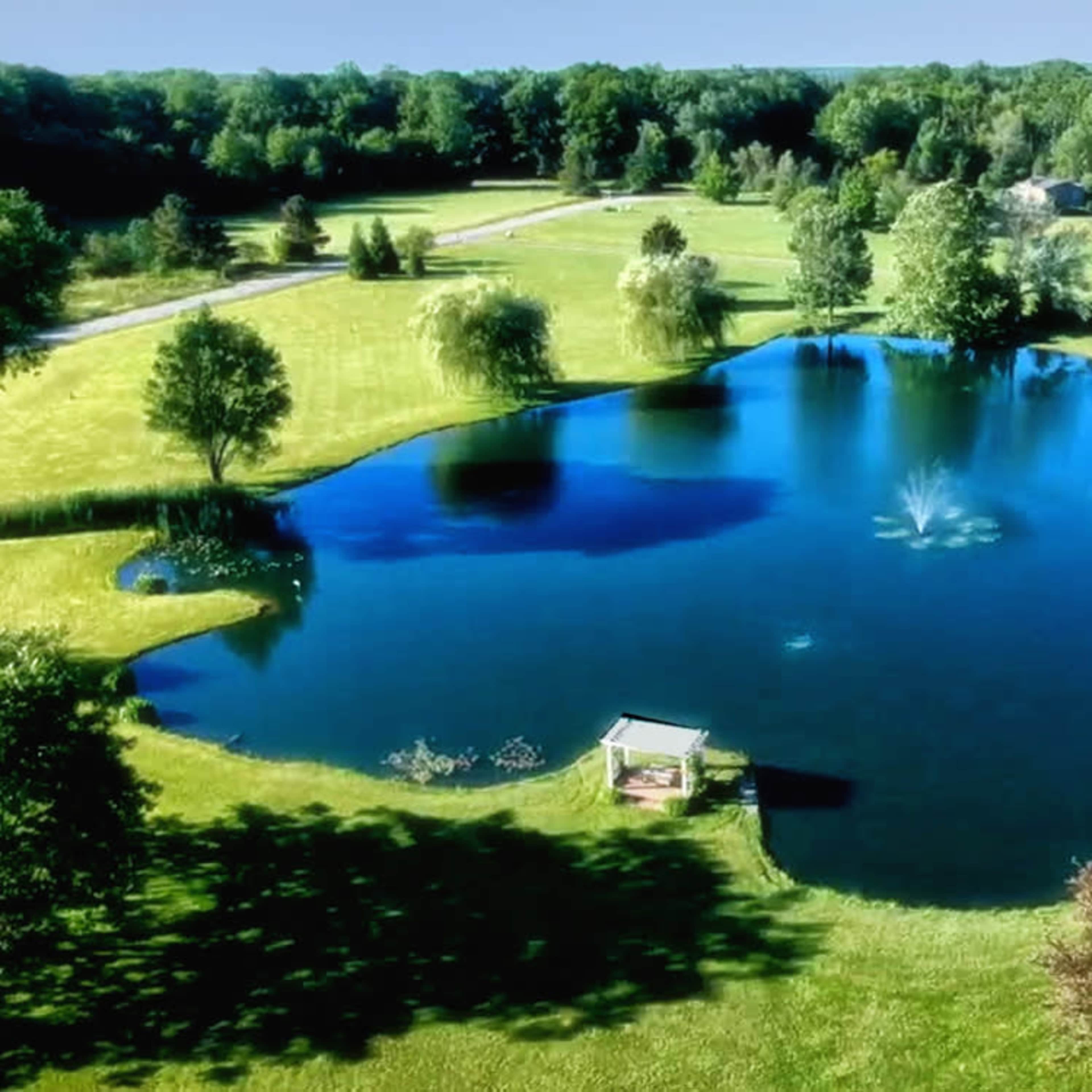A large pond surrounded by lush green grass and trees, with a fountain in the water and a small gazebo nearby.