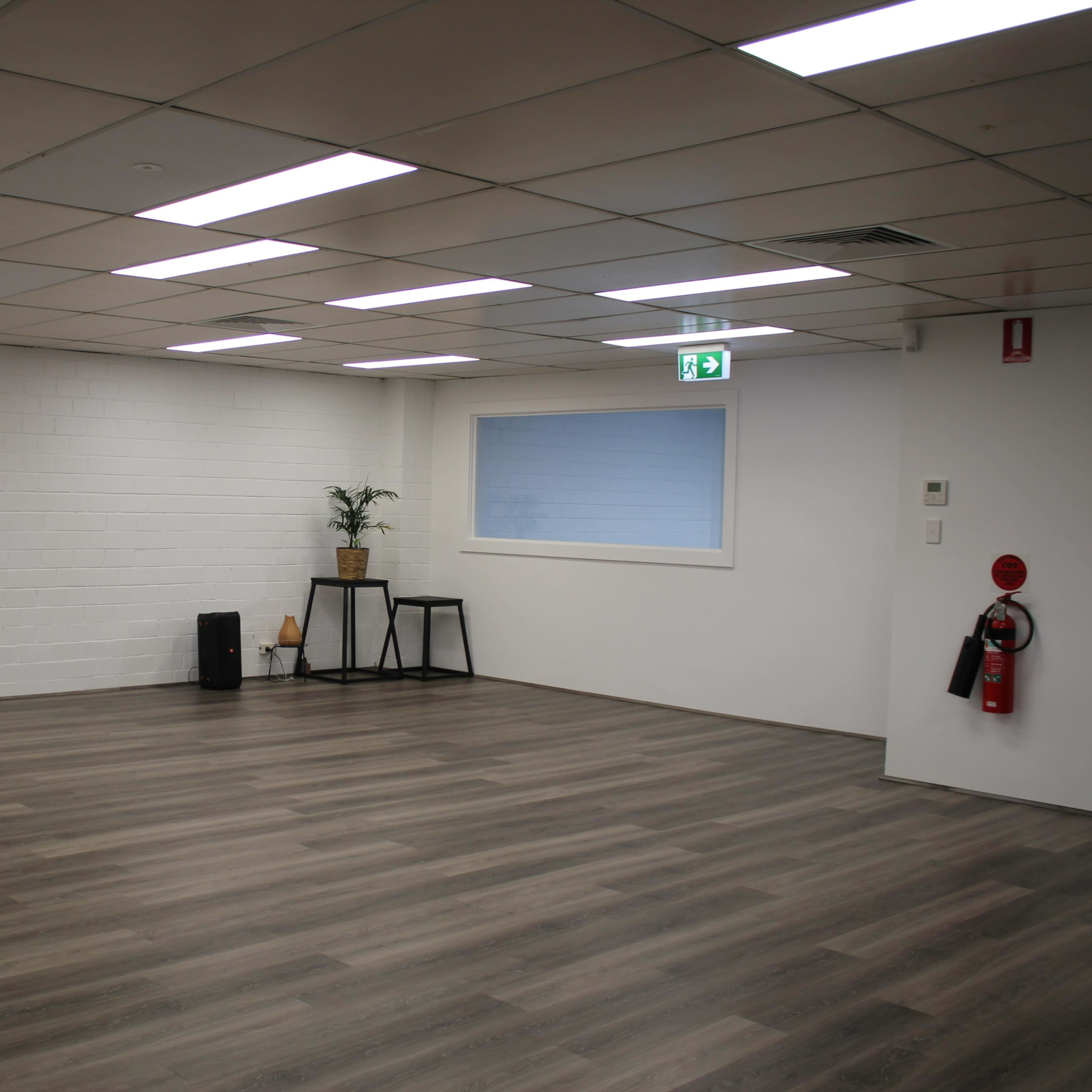 A spacious, empty room with wooden flooring, a tall plant on a small table, a fire extinguisher on the wall, and overhead fluorescent lights.