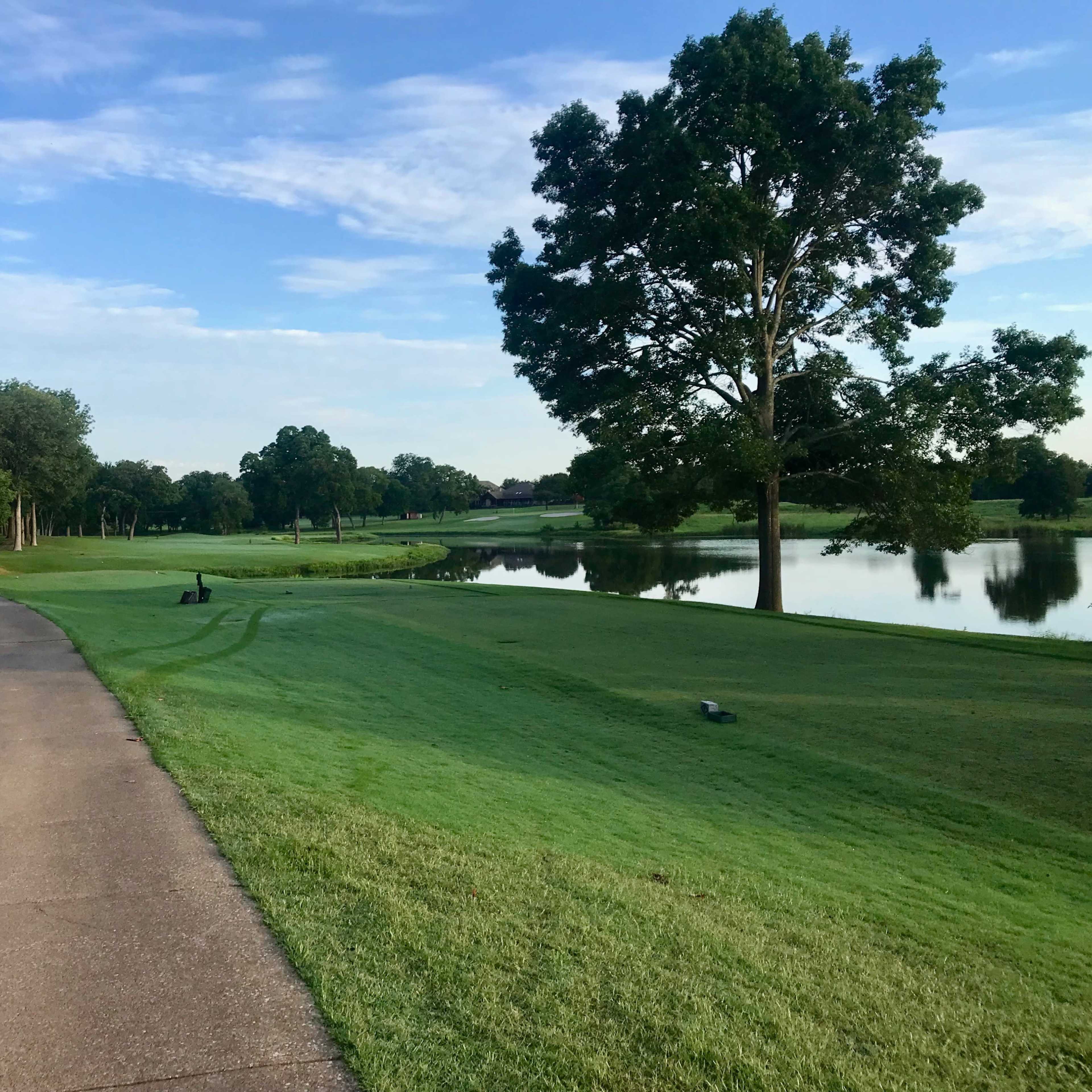 A paved path runs alongside a grassy area and a calm lake, bordered by trees under a clear sky.