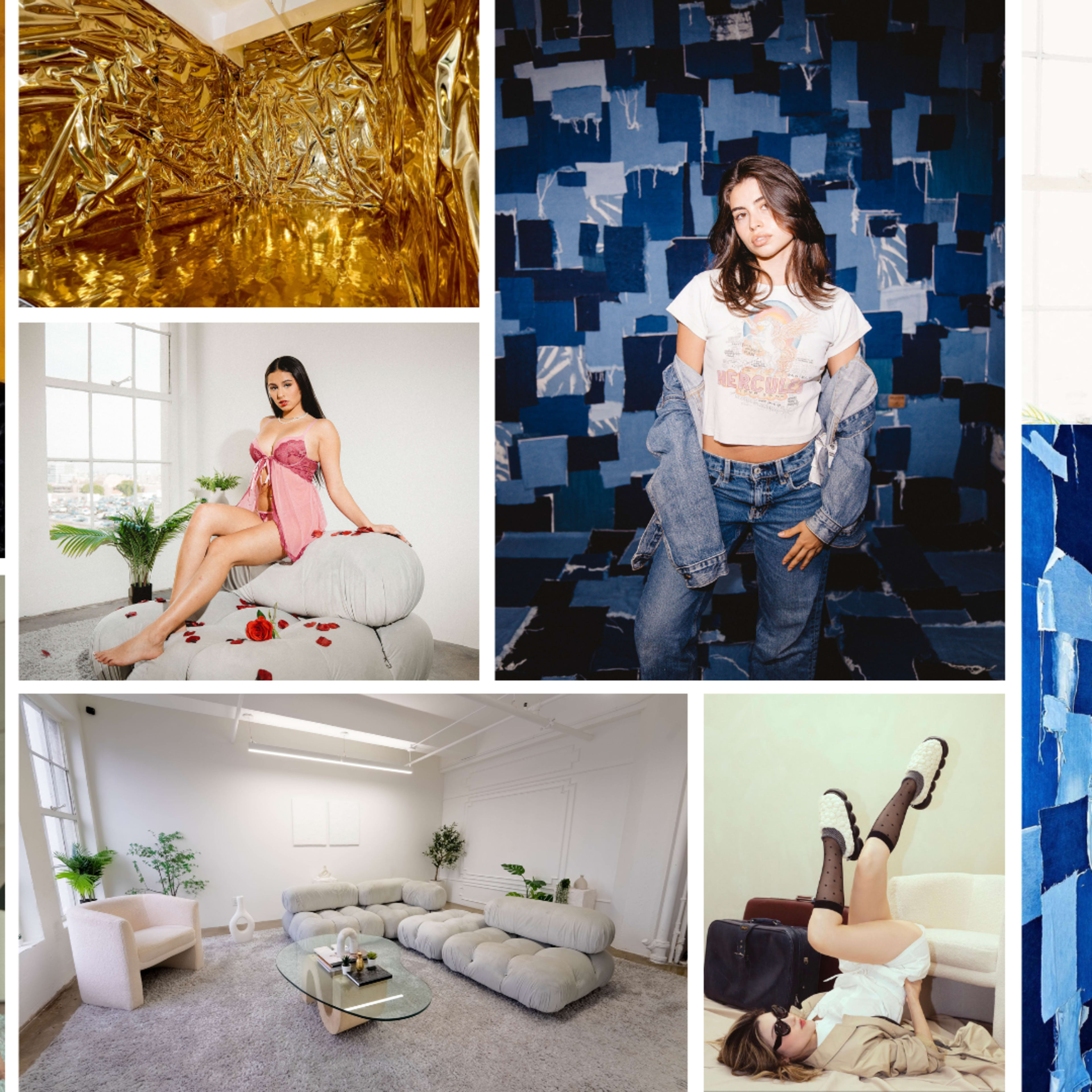 A collage of various fashion and lifestyle scenes featuring models posing in modern settings with diverse backgrounds and outfits.