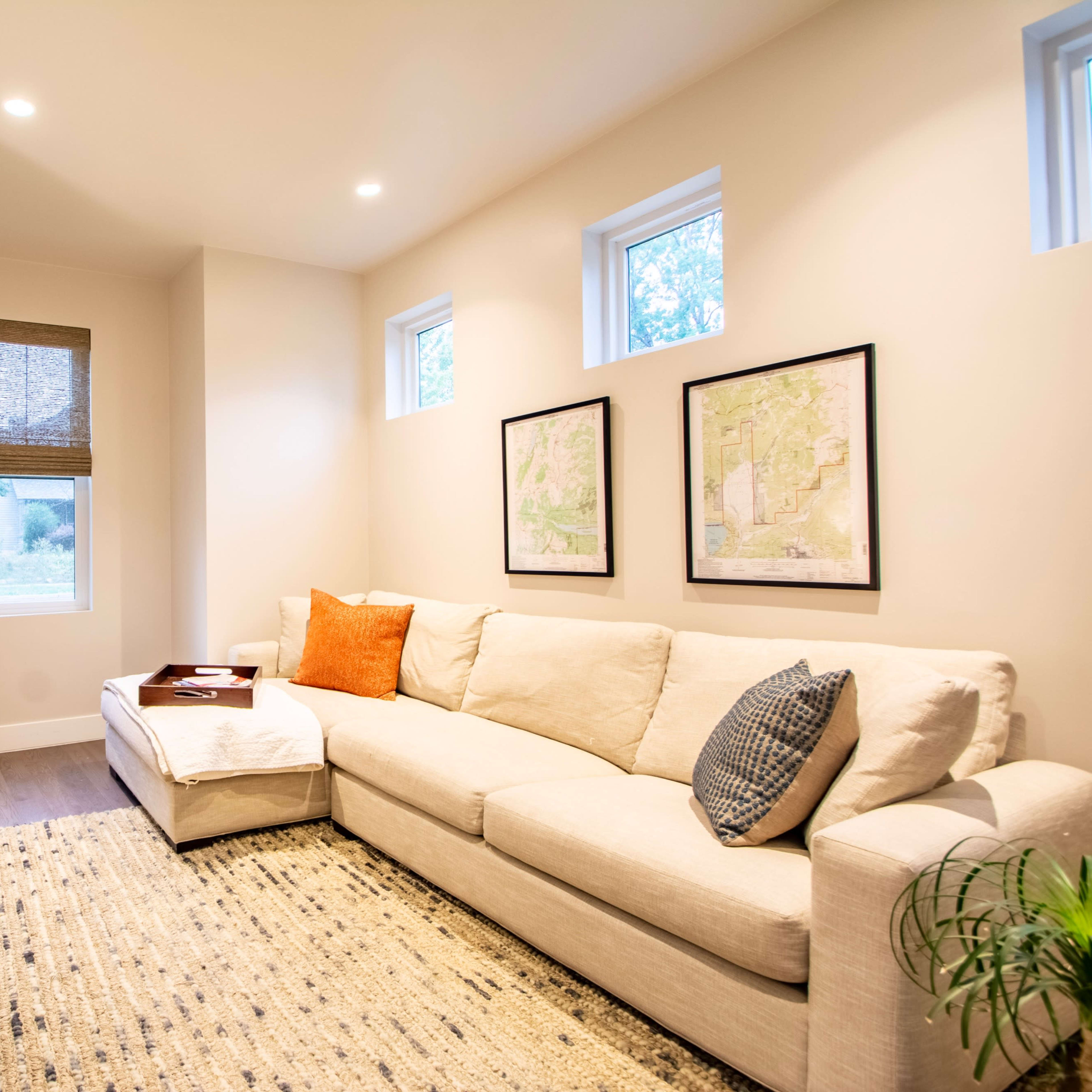 A cozy living room with a sectional sofa, a television on a stand, framed wall art, and a small decorative plant.