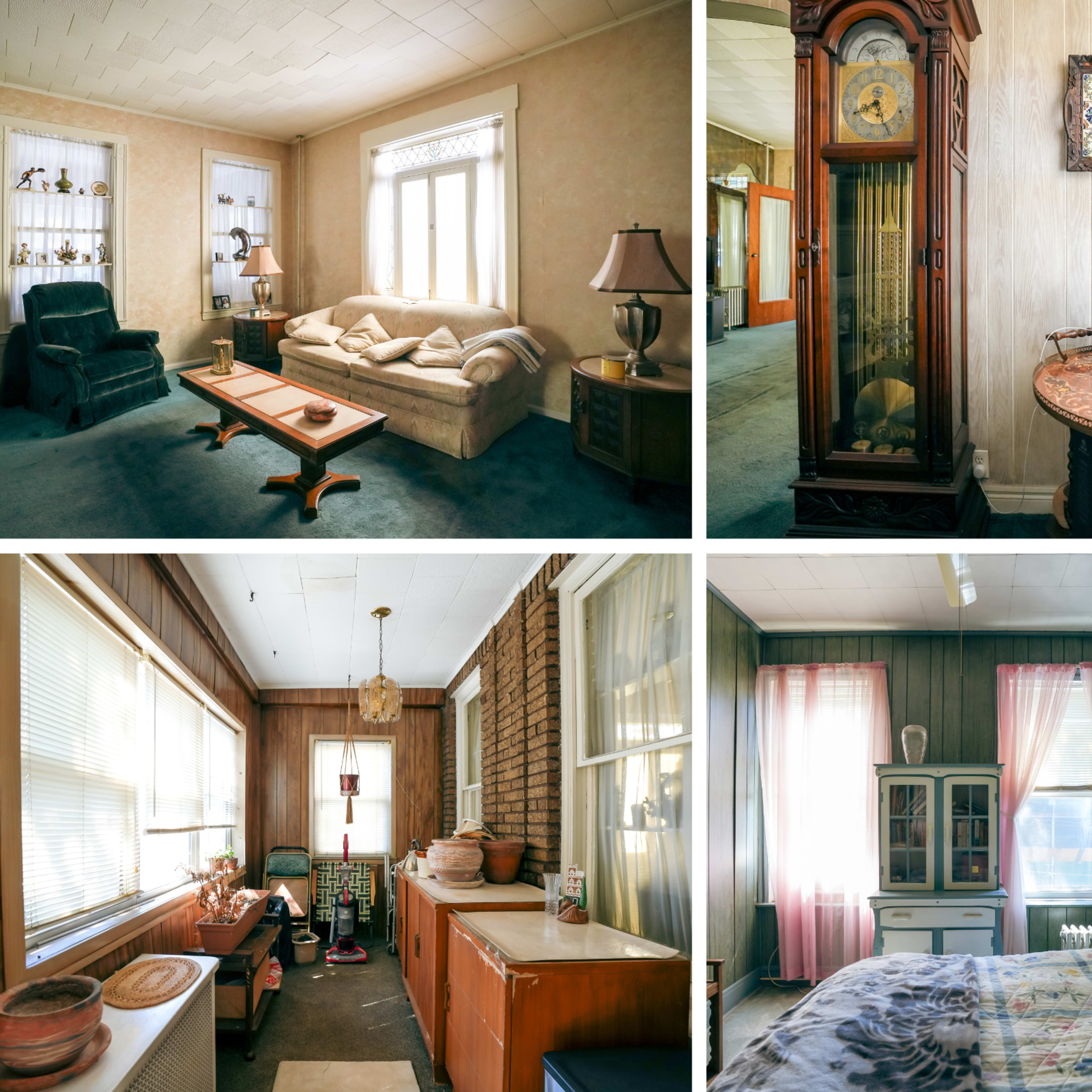 Four interior scenes of a home, featuring a living room, a dining area, a sunroom with plants, and a bedroom with a bed and window curtains.