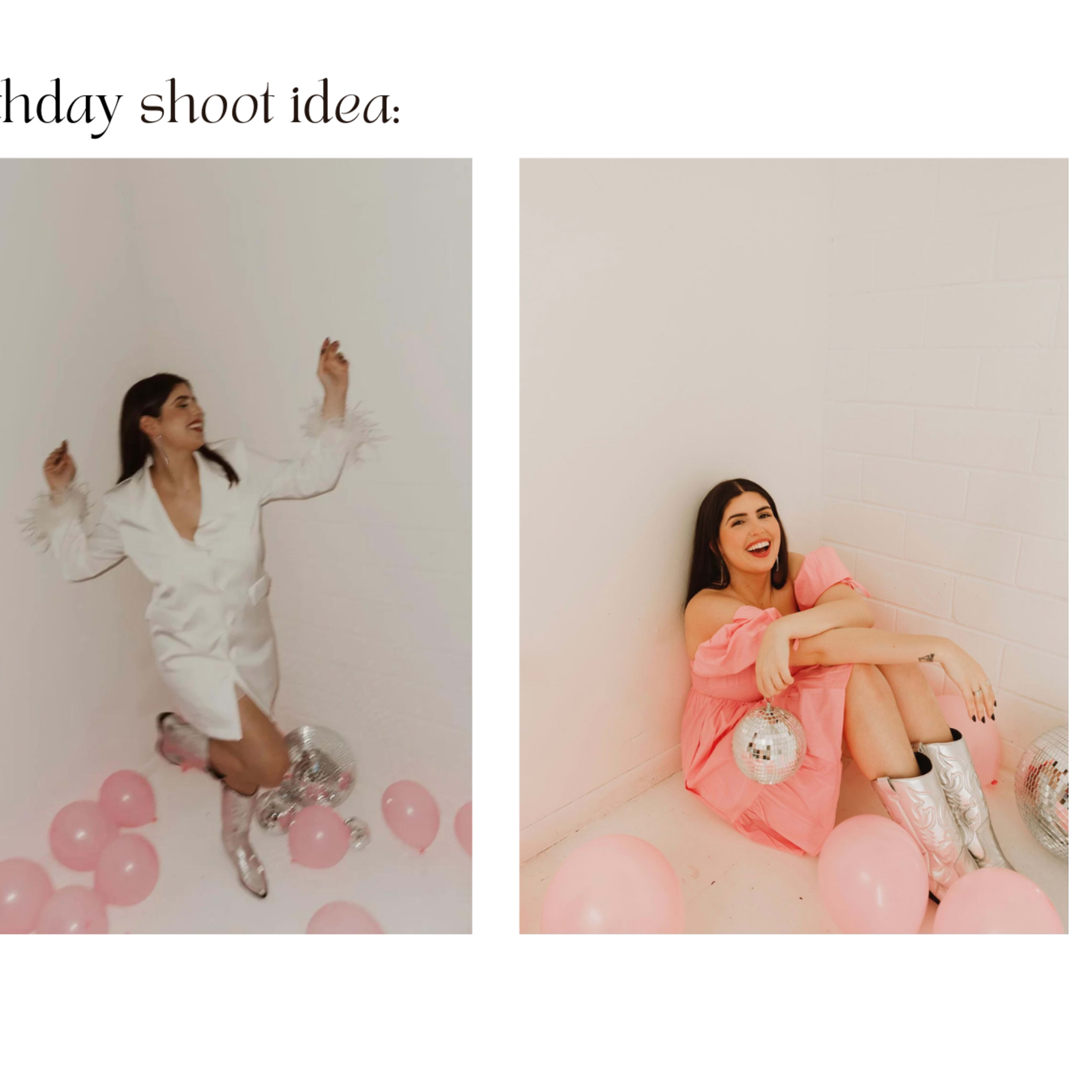 Three separate frames of a birthday photoshoot featuring a woman wearing different outfits, surrounded by pink balloons and a disco ball in a bright, minimalistic setting.