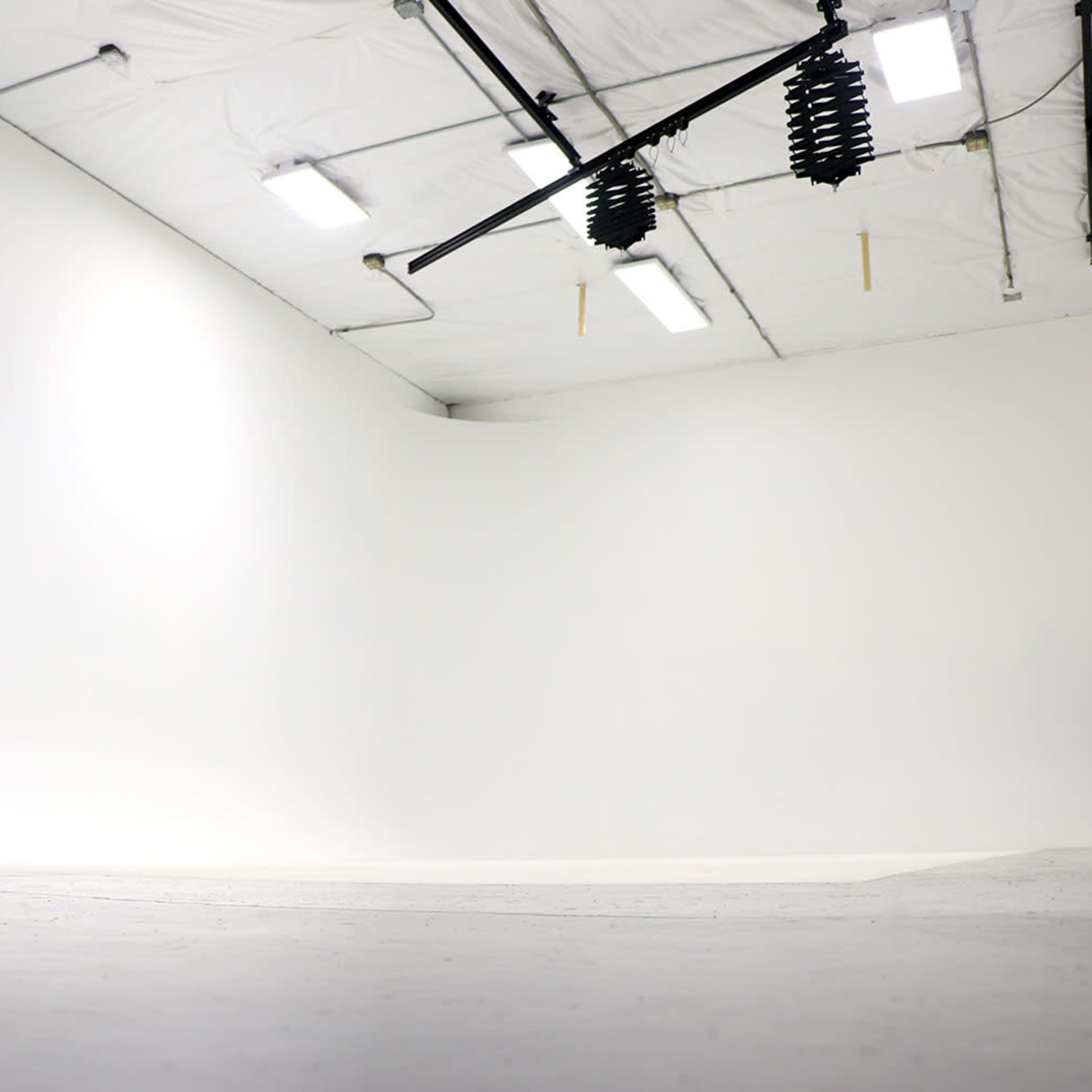 A spacious, empty studio with a seamless white backdrop and overhead lighting.