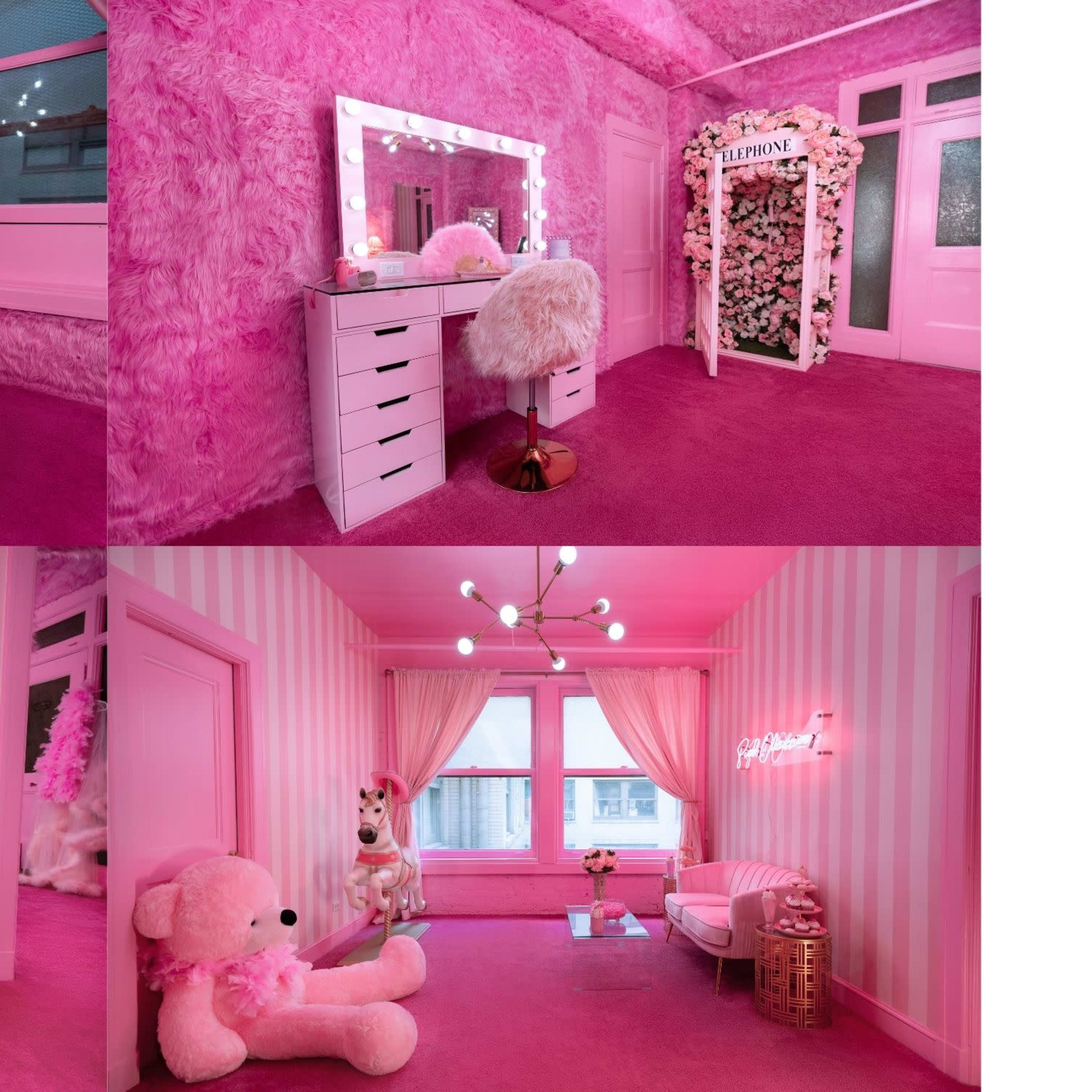 A vibrant pink-themed interior with multiple rooms featuring plush textures, a large bed, a mirrored vanity, decorative elements, and cozy seating areas.