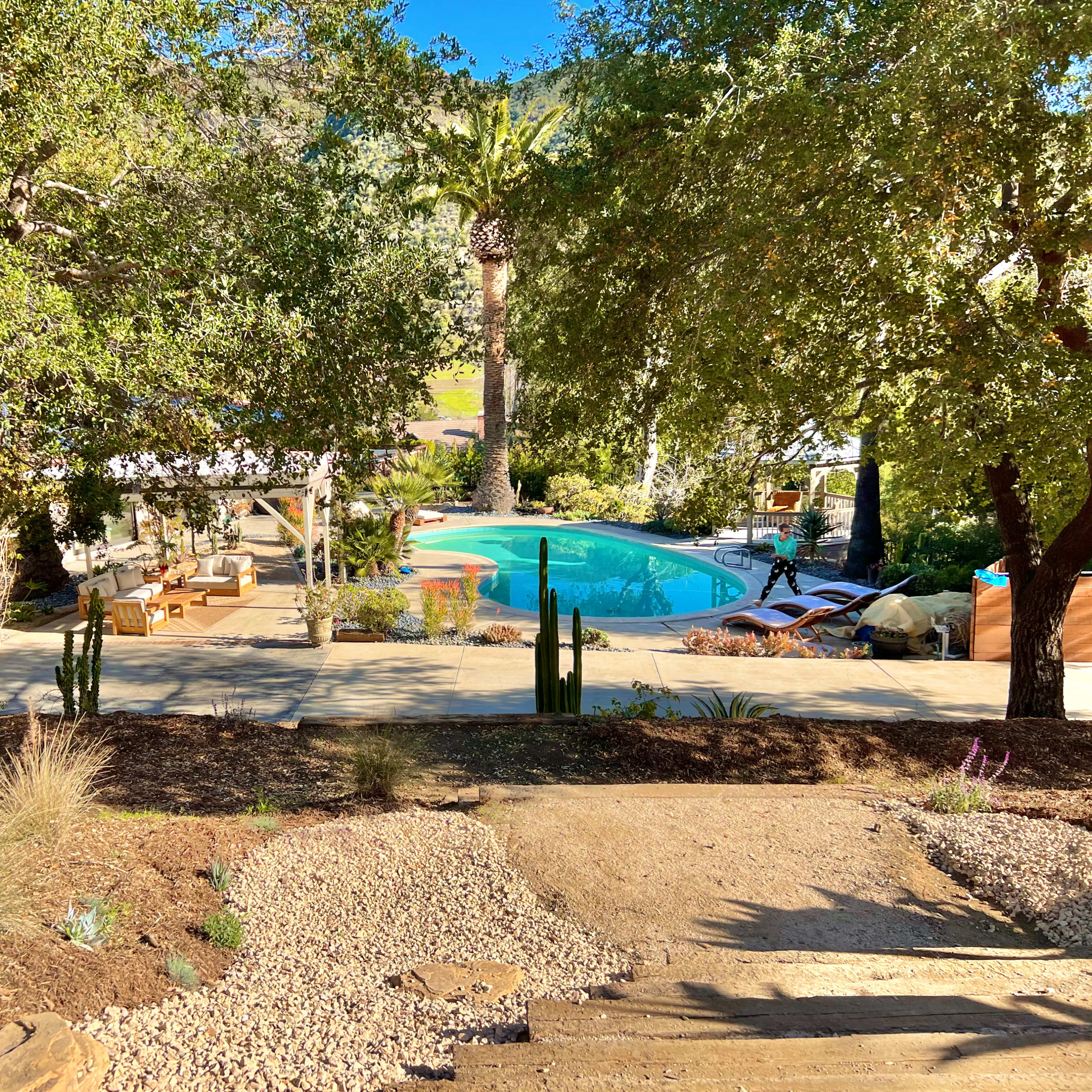 A landscaped backyard with a swimming pool, lounge chairs, and seating areas surrounded by trees and plants.