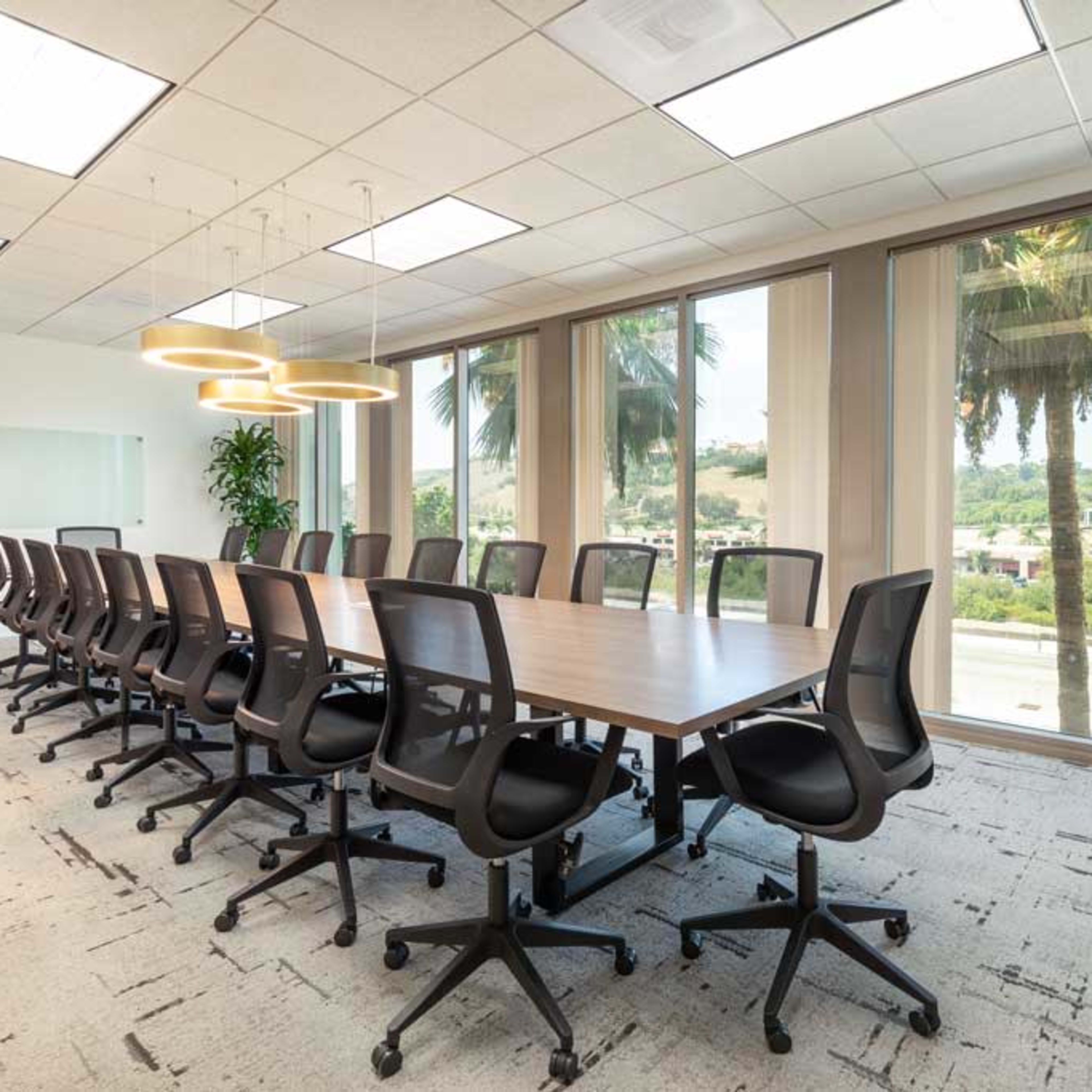 A modern conference room features a long wooden table surrounded by ergonomic chairs, with large windows that offer a view of palm trees and greenery outside.