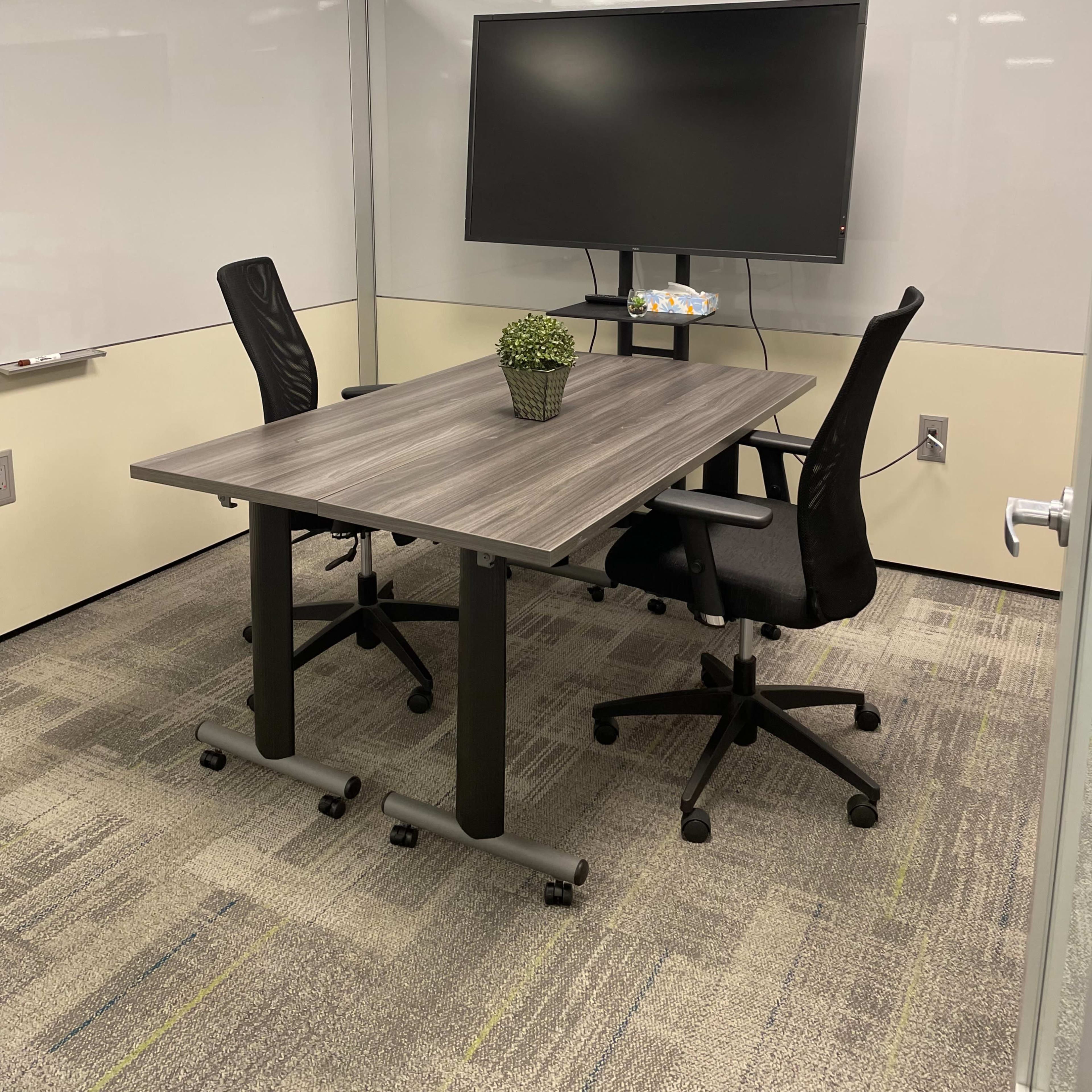 A conference room features a table with two chairs, a TV mounted on the wall, and a small plant in the center.