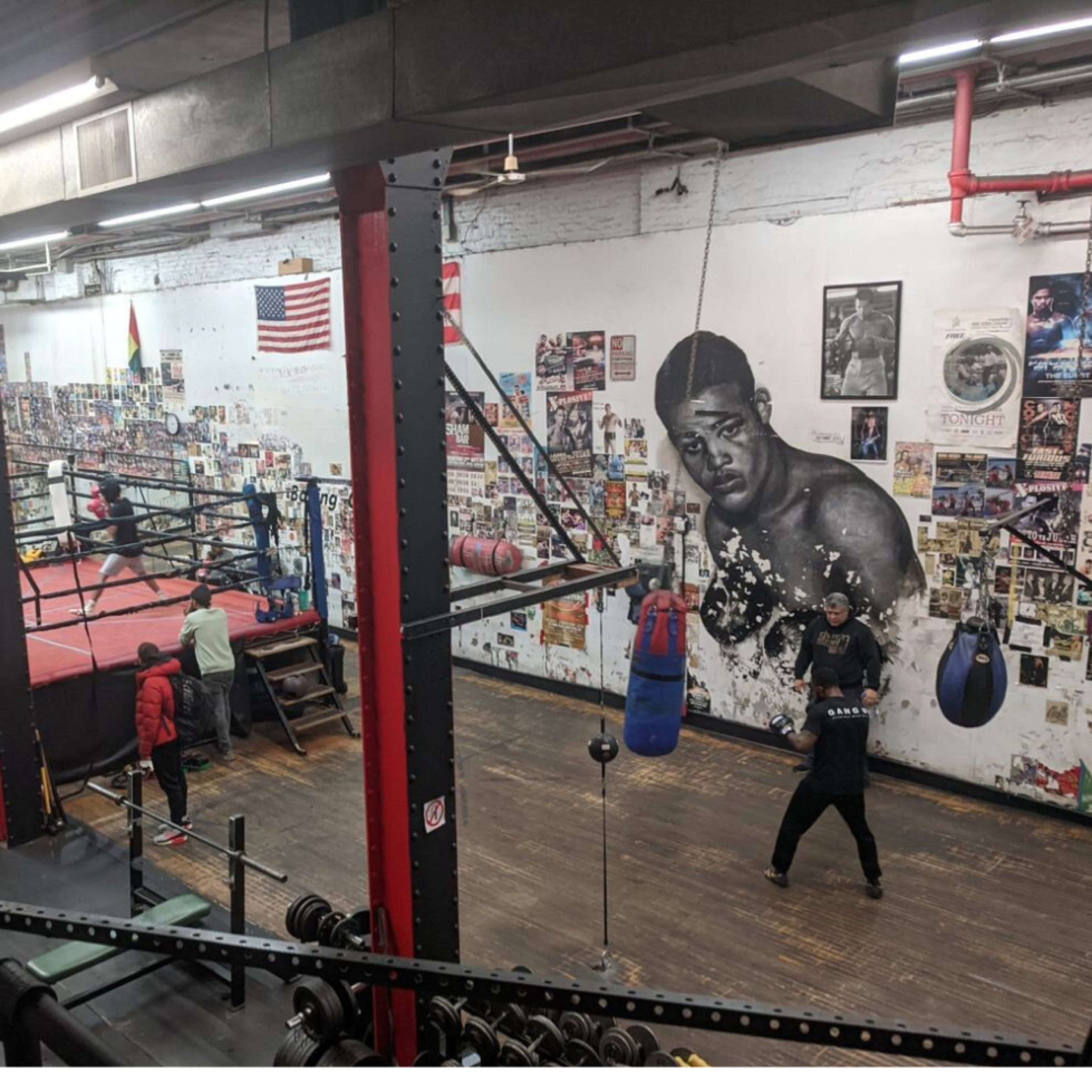 A boxing gym with a boxing ring, heavy bags, and various training equipment, decorated with numerous posters and photographs.
