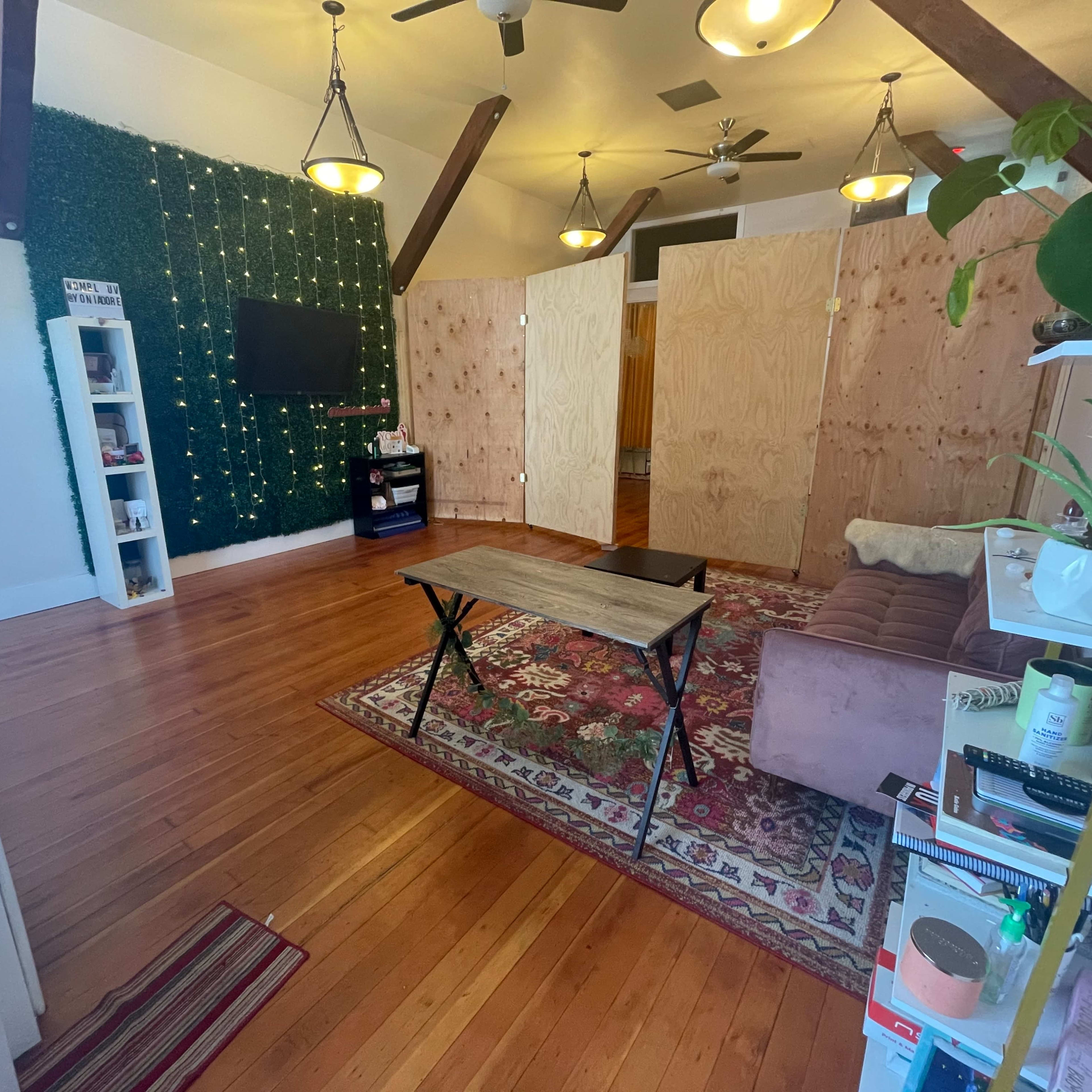 A room with wooden floors, a green wall covered in plants, a TV mounted on the wall, and a sectioned-off area with plywood partitions.
