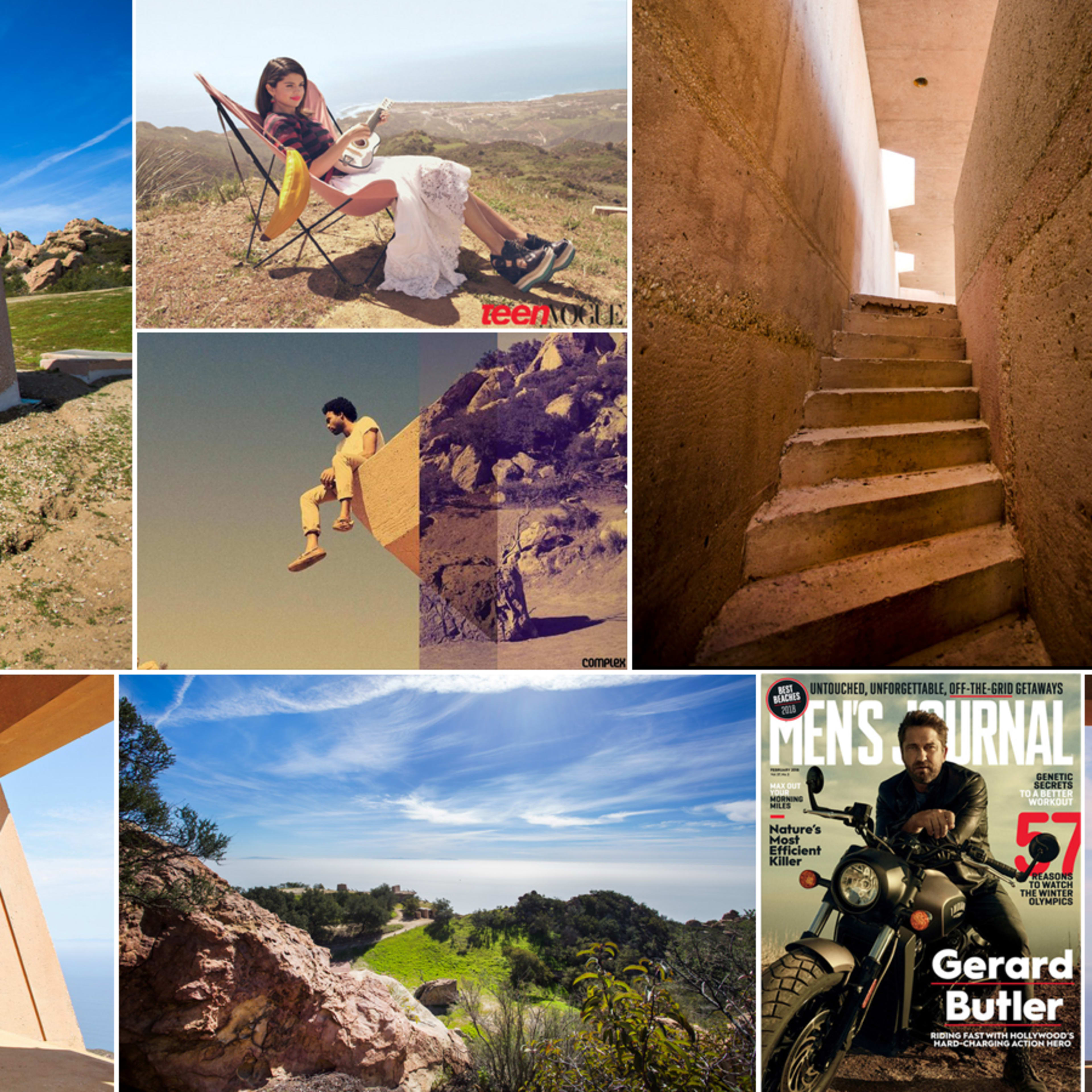 A collage featuring various architectural structures set in a landscape, alongside magazine covers and individuals engaged in leisure activities.