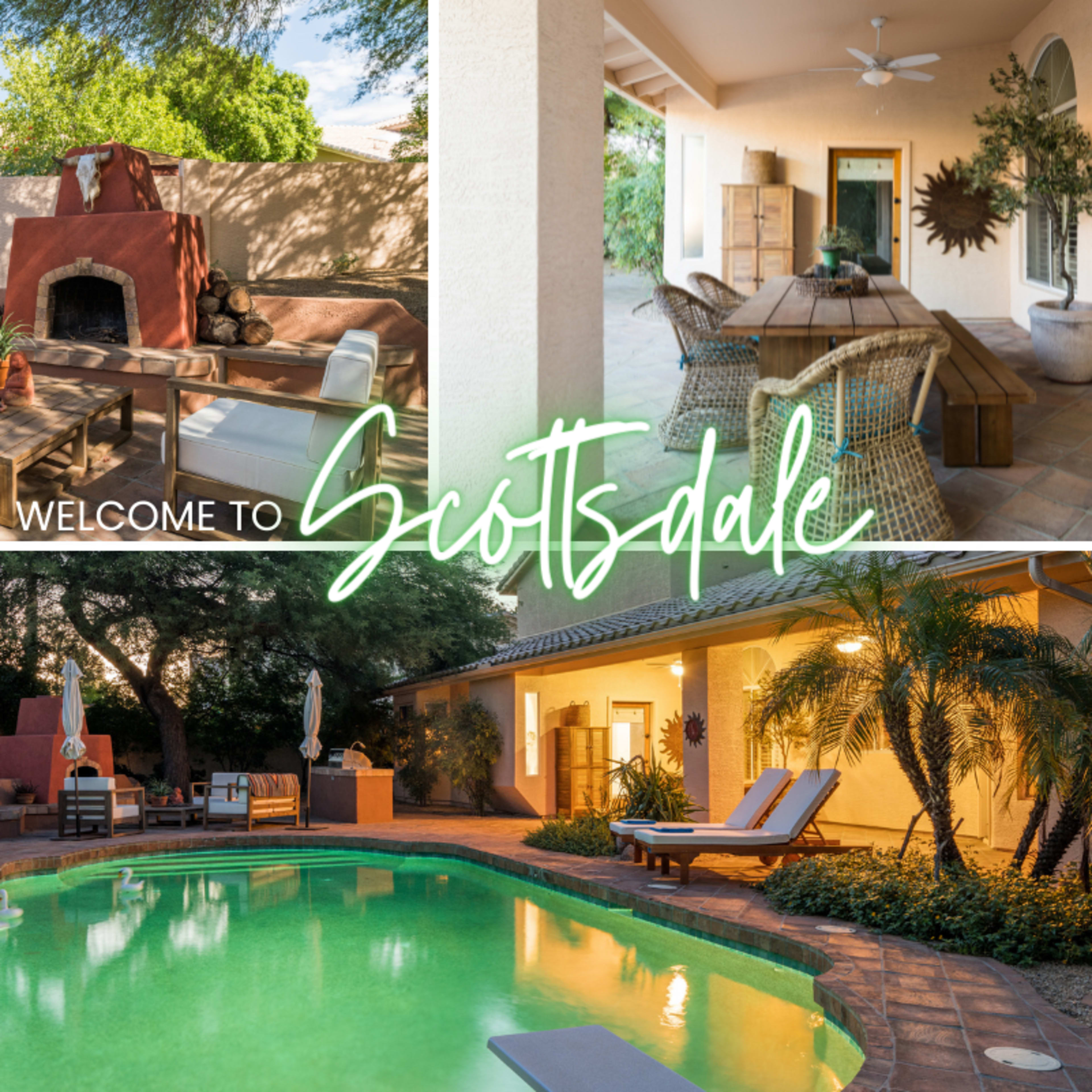 A spacious outdoor area in Scottsdale featuring a seating arrangement next to an outdoor fireplace and a pool surrounded by lounge chairs and greenery.