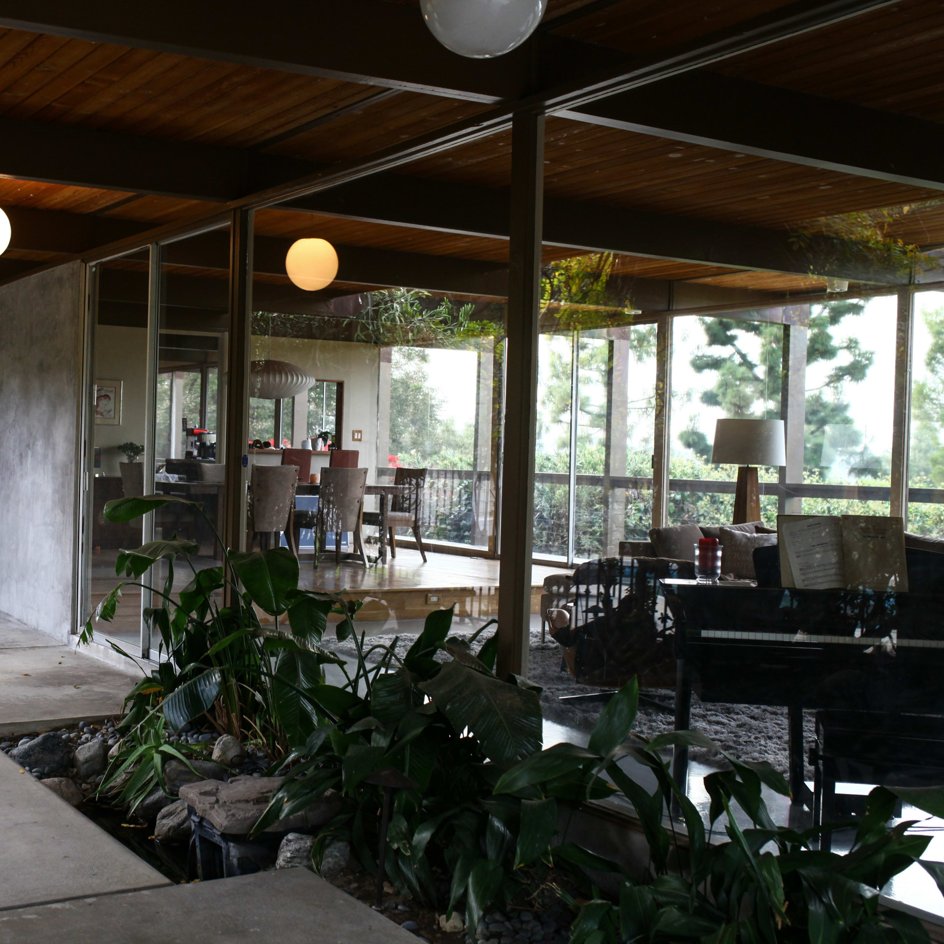 A modern interior space with large glass windows, a concrete and wood structure, and green plants integrated into the design.