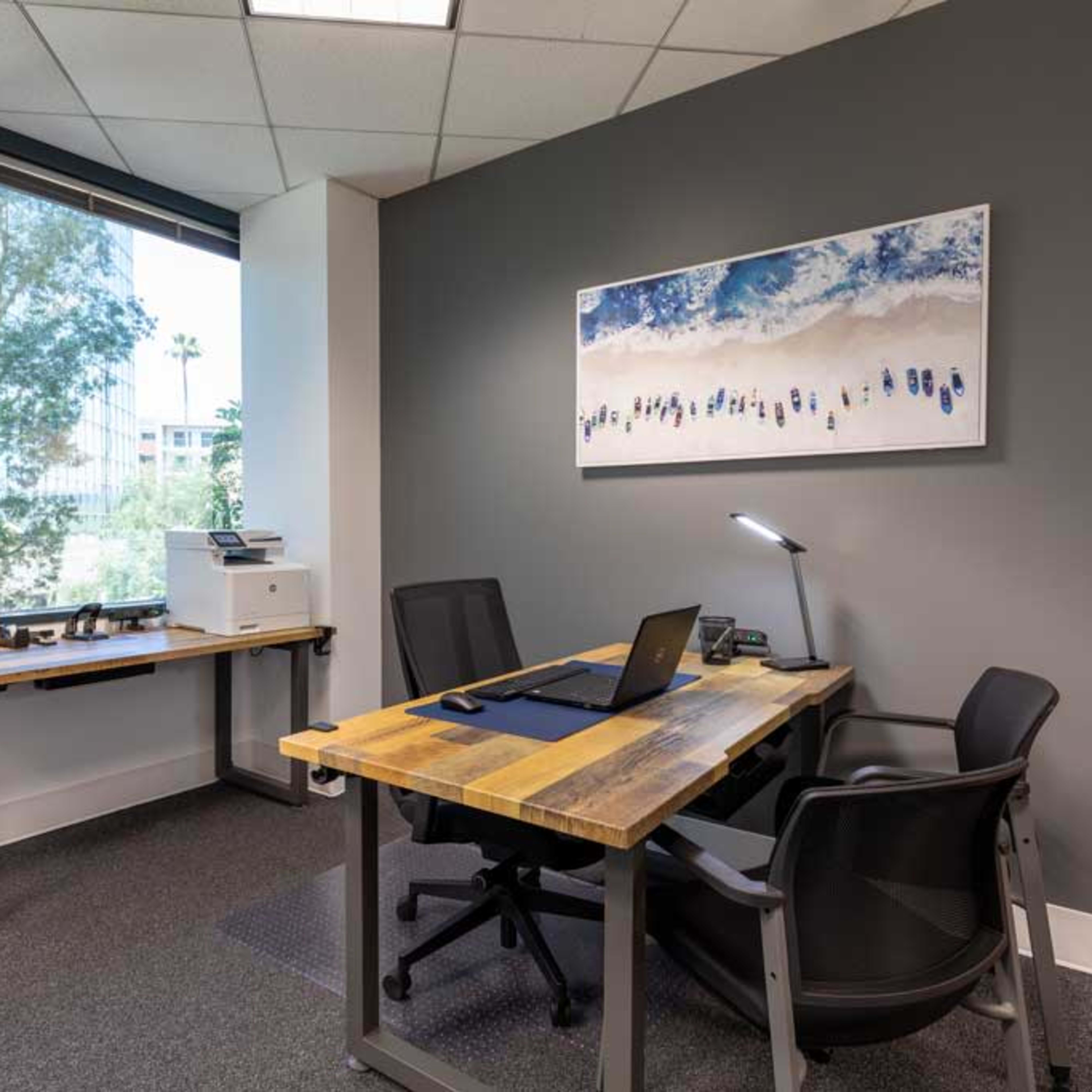 A modern office space features two wooden desks, black chairs, a printer, and a large window overlooking greenery.