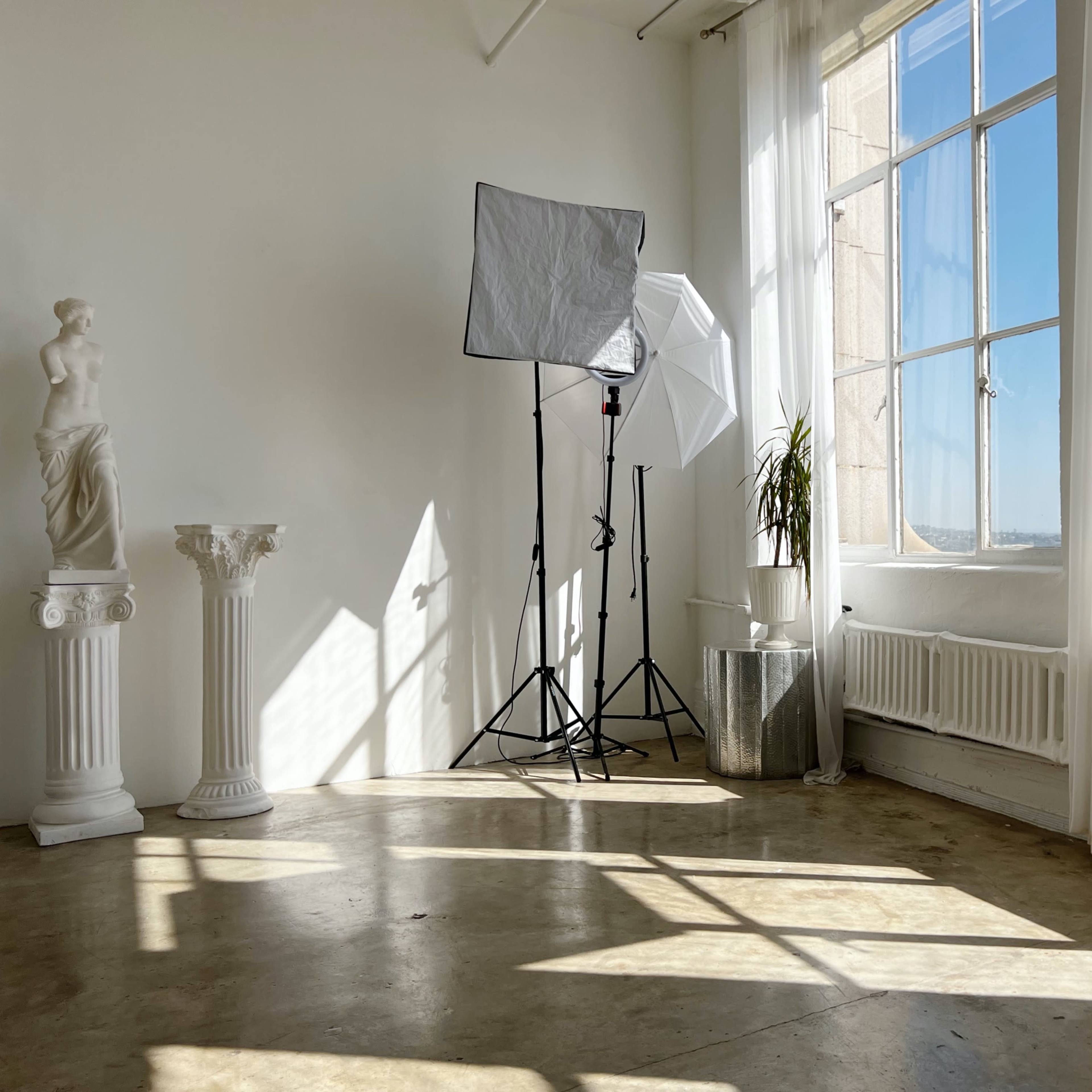 A well-lit room with two classical statues, a photography backdrop and lighting equipment, and large windows revealing a clear view outside.