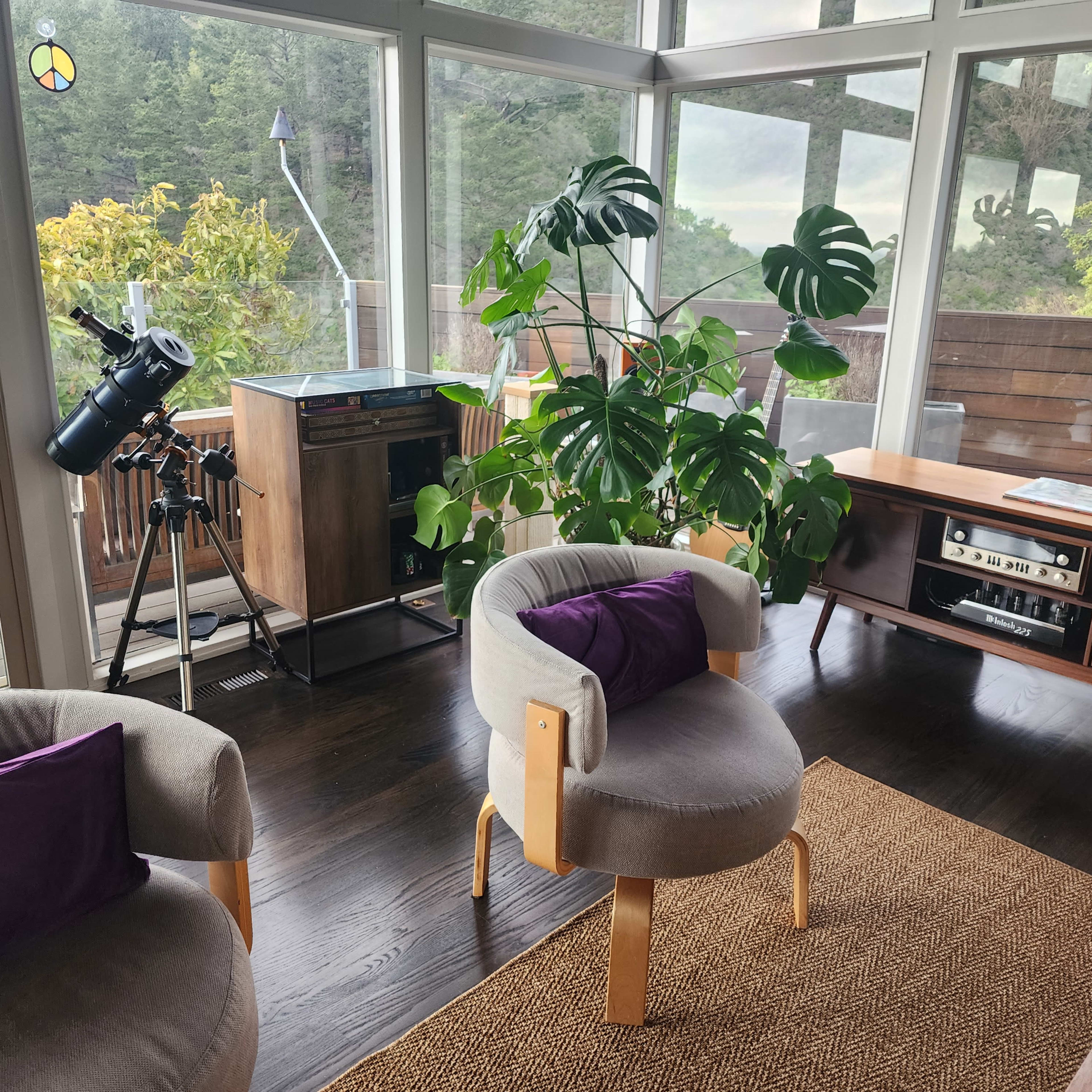 A modern living space with two upholstered armchairs, a large plant, a telescope on a stand, and a wooden console against a glass wall overlooking greenery.