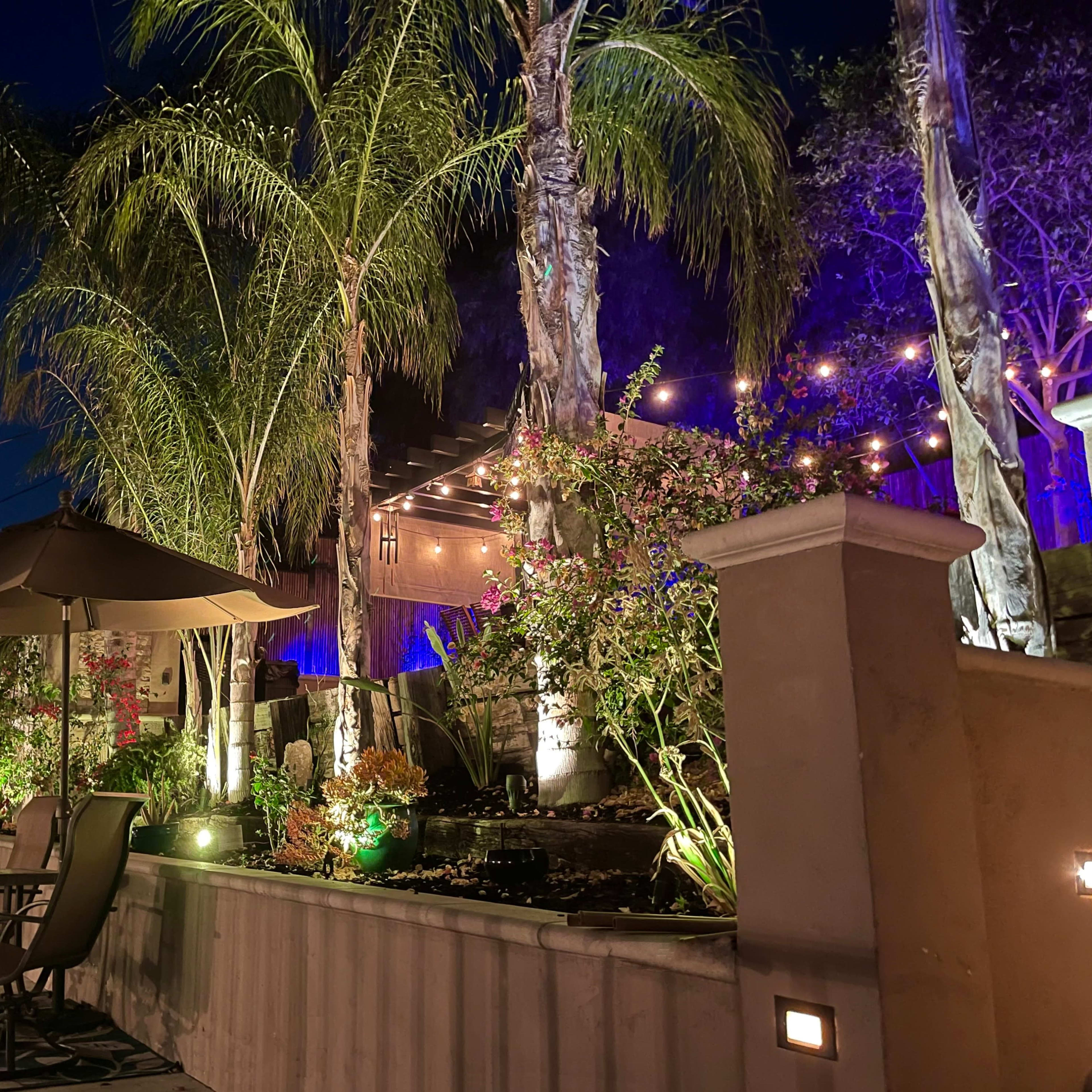 The scene features a patio with lounge chairs and an umbrella, surrounded by palm trees and illuminated by string lights and garden lighting at night.