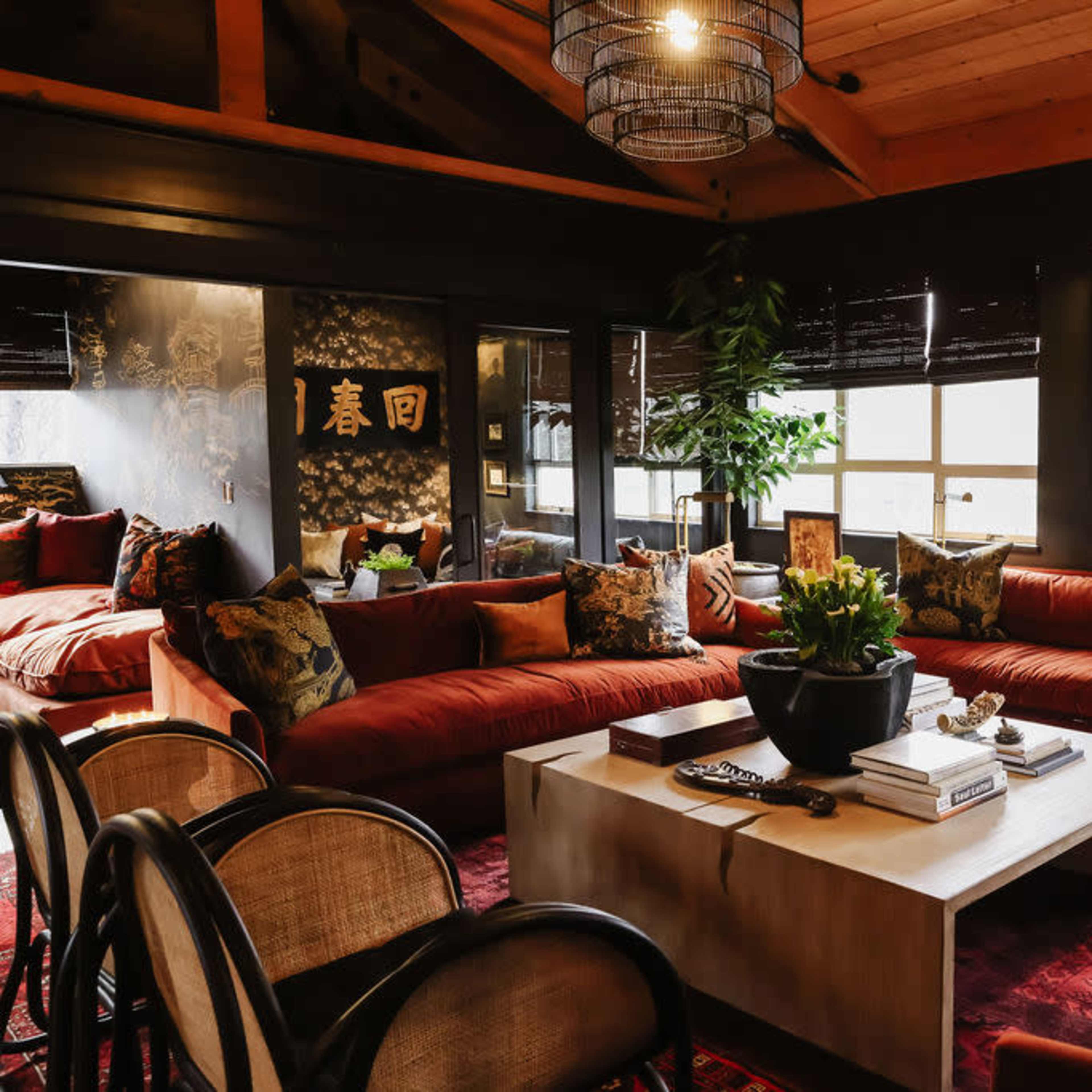A spacious living room with large, orange sofas, wooden beams, and a central coffee table surrounded by decorative pillows and plants.